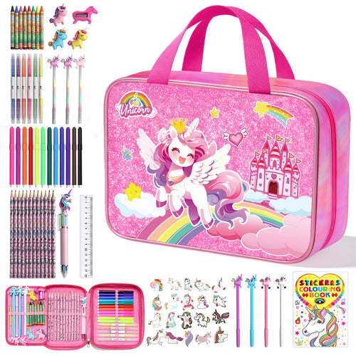 73PCS Unicorn Washable Markers Set with Glitter Pencil Case, Art Supplies and Craft for Girls Ages 4-6-8,Kids Coloring Drawing Kit with Marker,Colored Pencil,Crayon,Gel Pen,Birthday Gift Toys for Girl