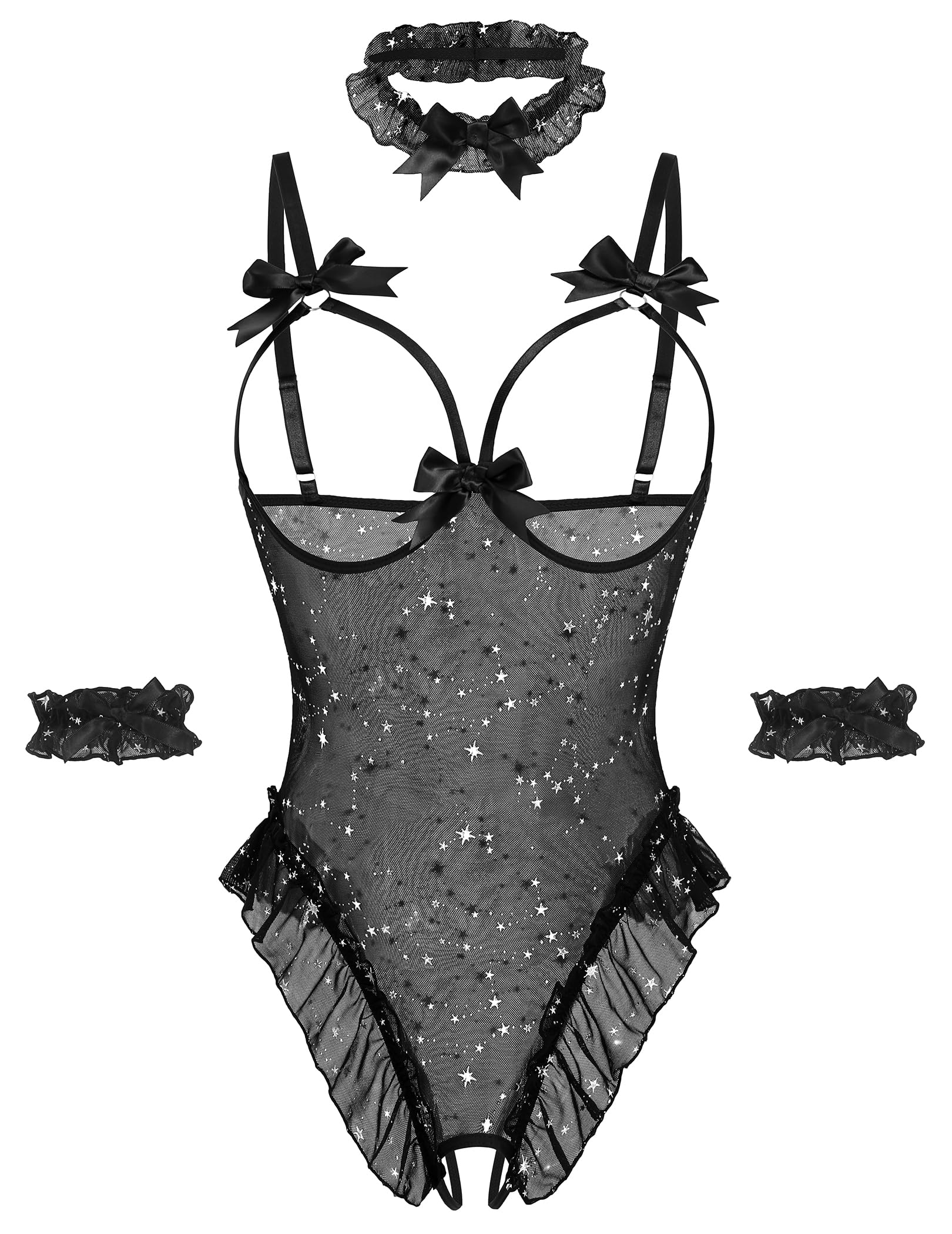 Avidlove Womens Lingerie Bodysuit 4 Piece Set Sheer Mesh Teddy Babydoll with Detachable Collar and Wrist Cuffs