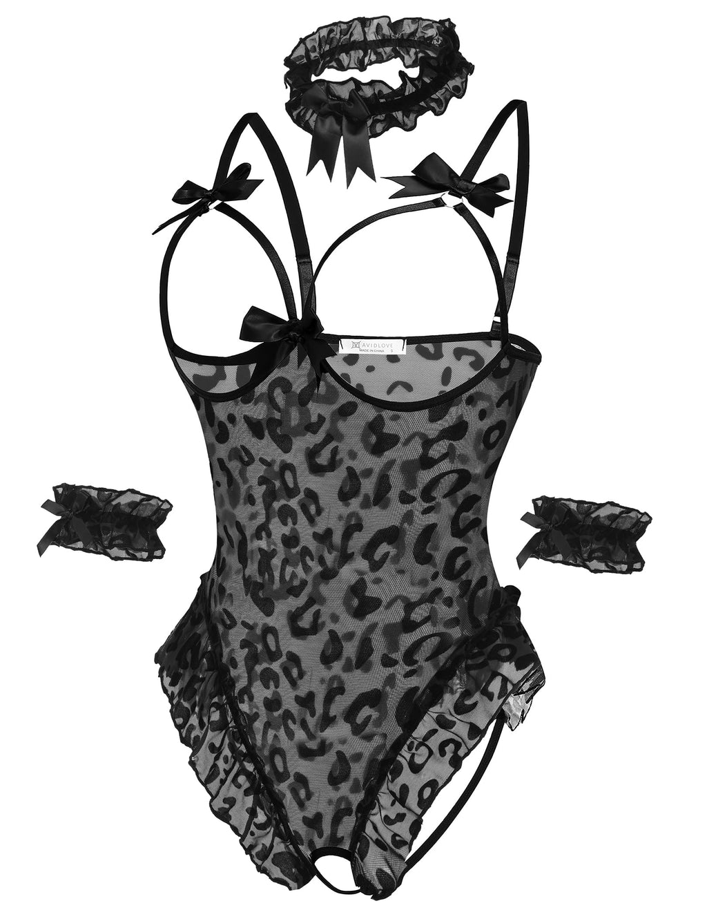 Avidlove Womens Lingerie Bodysuit 4 Piece Set Sheer Mesh Teddy Babydoll with Detachable Collar and Wrist Cuffs