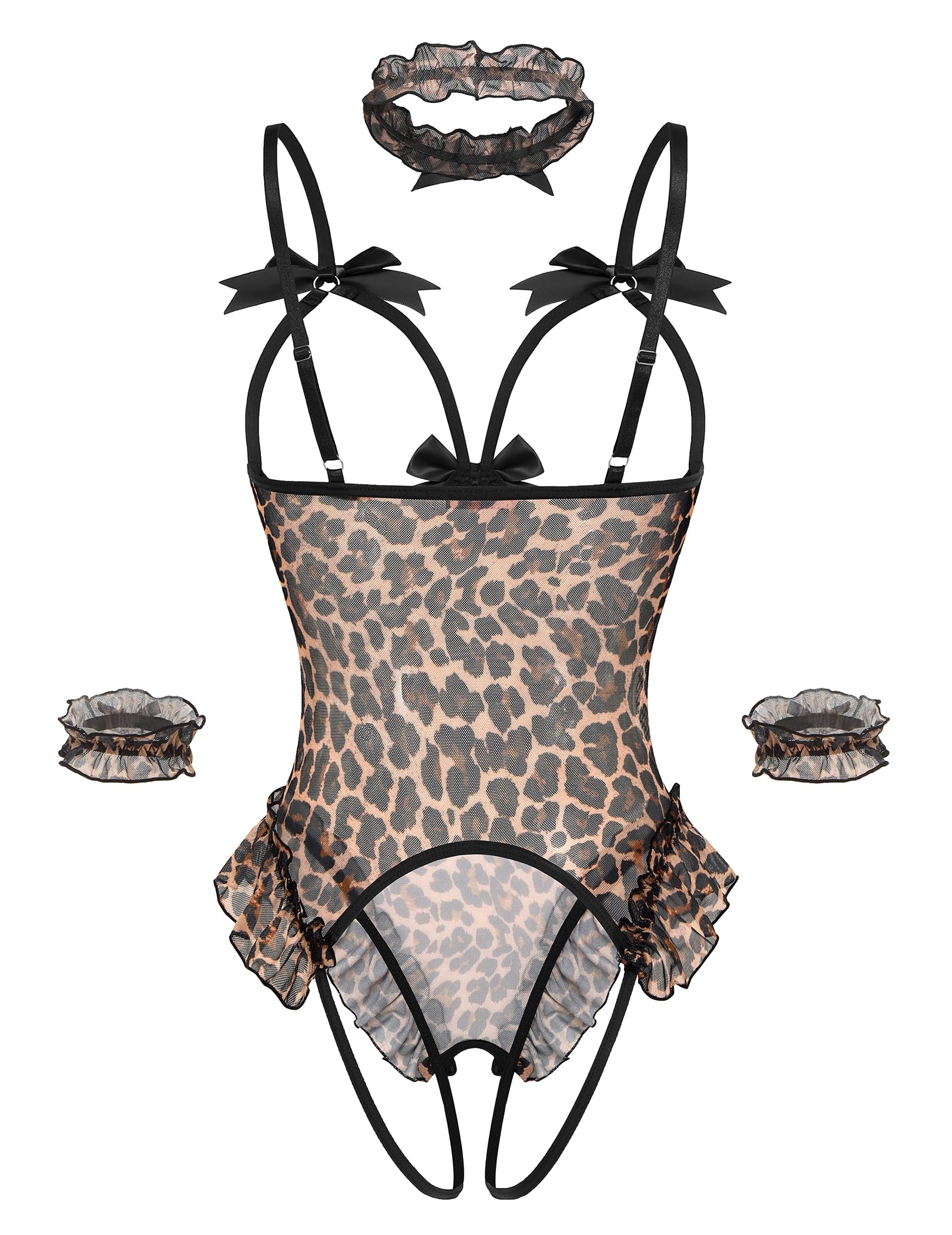 Avidlove Womens Lingerie Bodysuit 4 Piece Set Sheer Mesh Teddy Babydoll with Detachable Collar and Wrist Cuffs