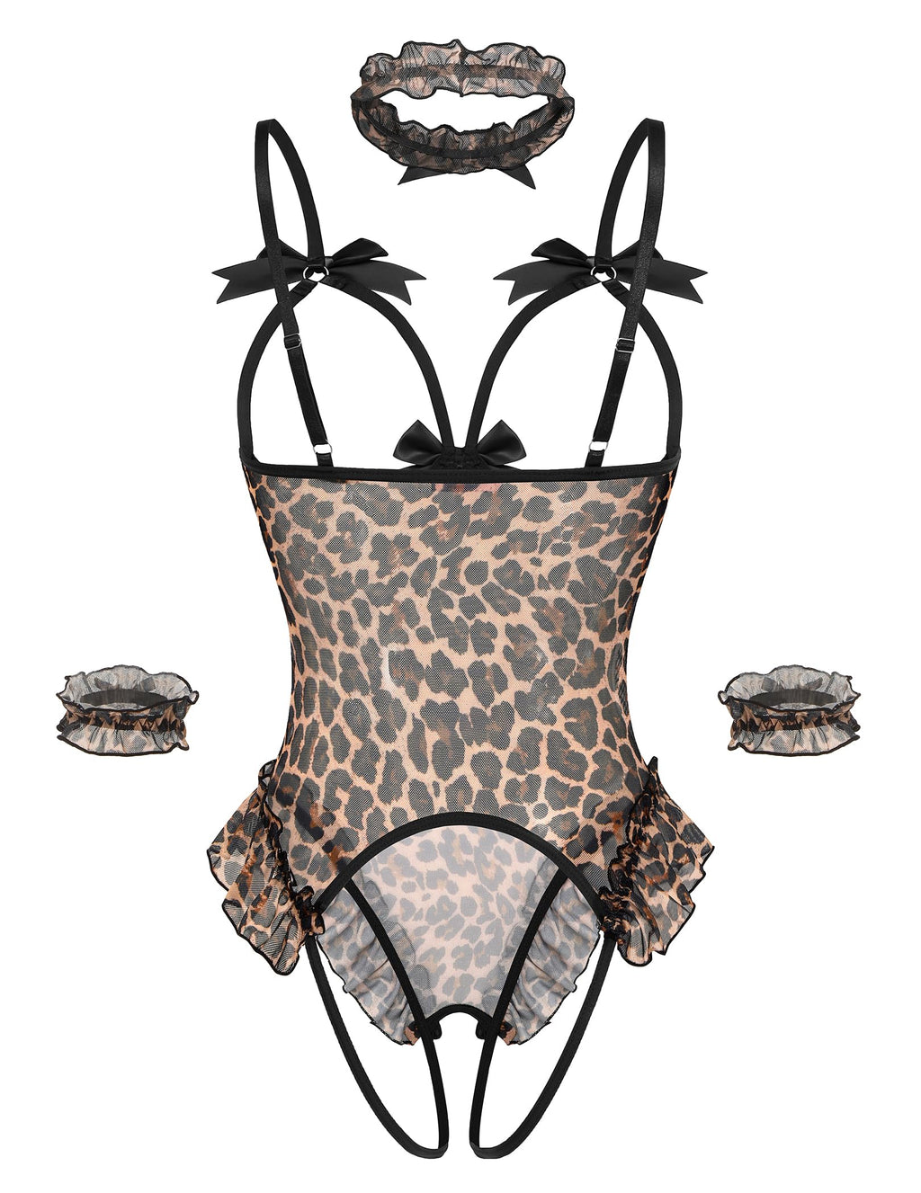 Avidlove Womens Lingerie Bodysuit 4 Piece Set Sheer Mesh Teddy Babydoll with Detachable Collar and Wrist Cuffs