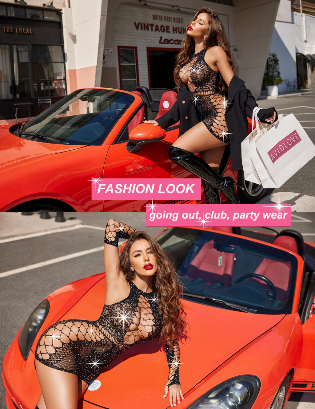 Avidlove Fishnet Lingerie Womens Mesh Chemise One Piece Babydoll Mini Dress Lace Sparkle Rhinestone Lingeries for Women
