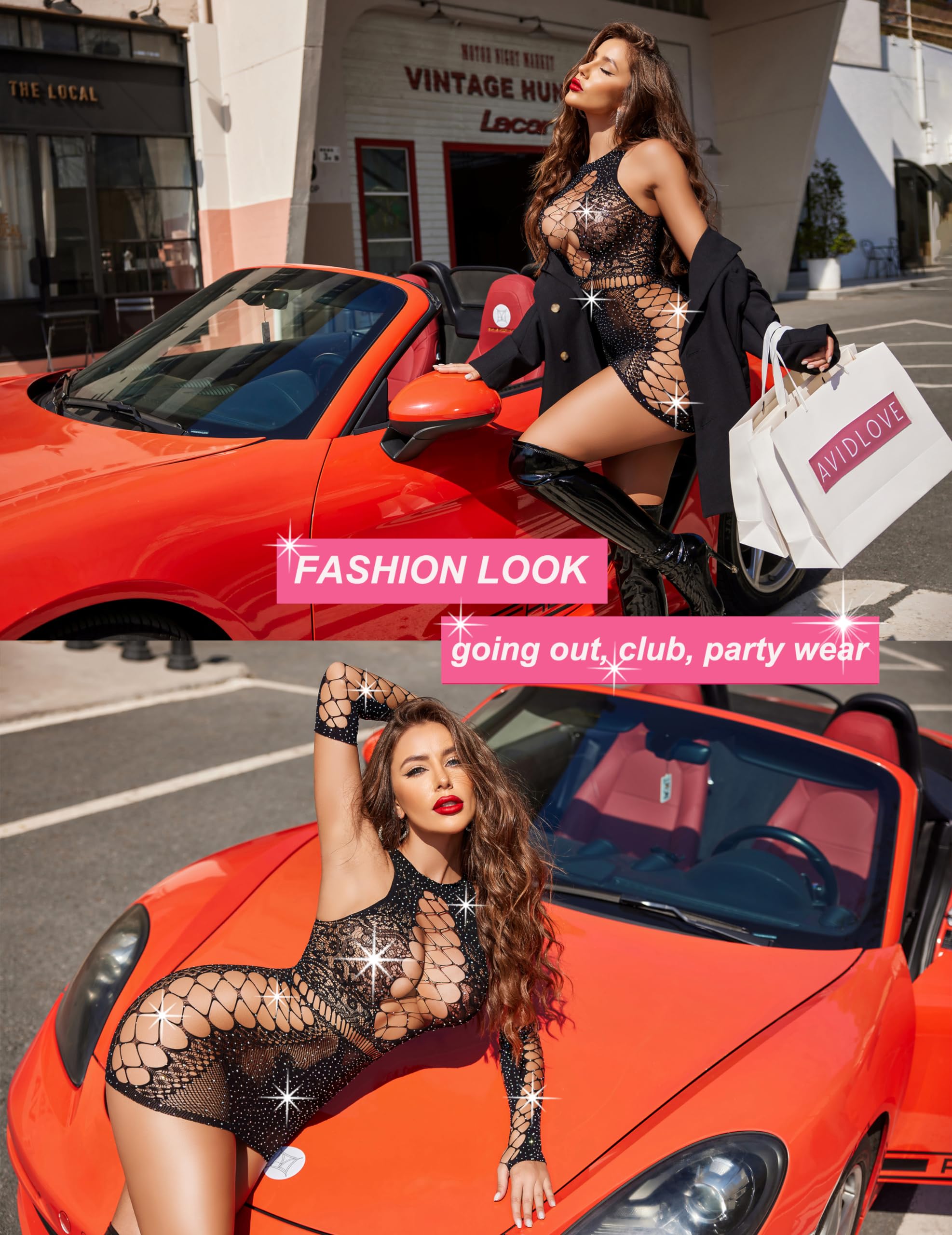 Avidlove Fishnet Lingerie Womens Mesh Chemise One Piece Babydoll Mini Dress Lace Sparkle Rhinestone Lingeries for Women