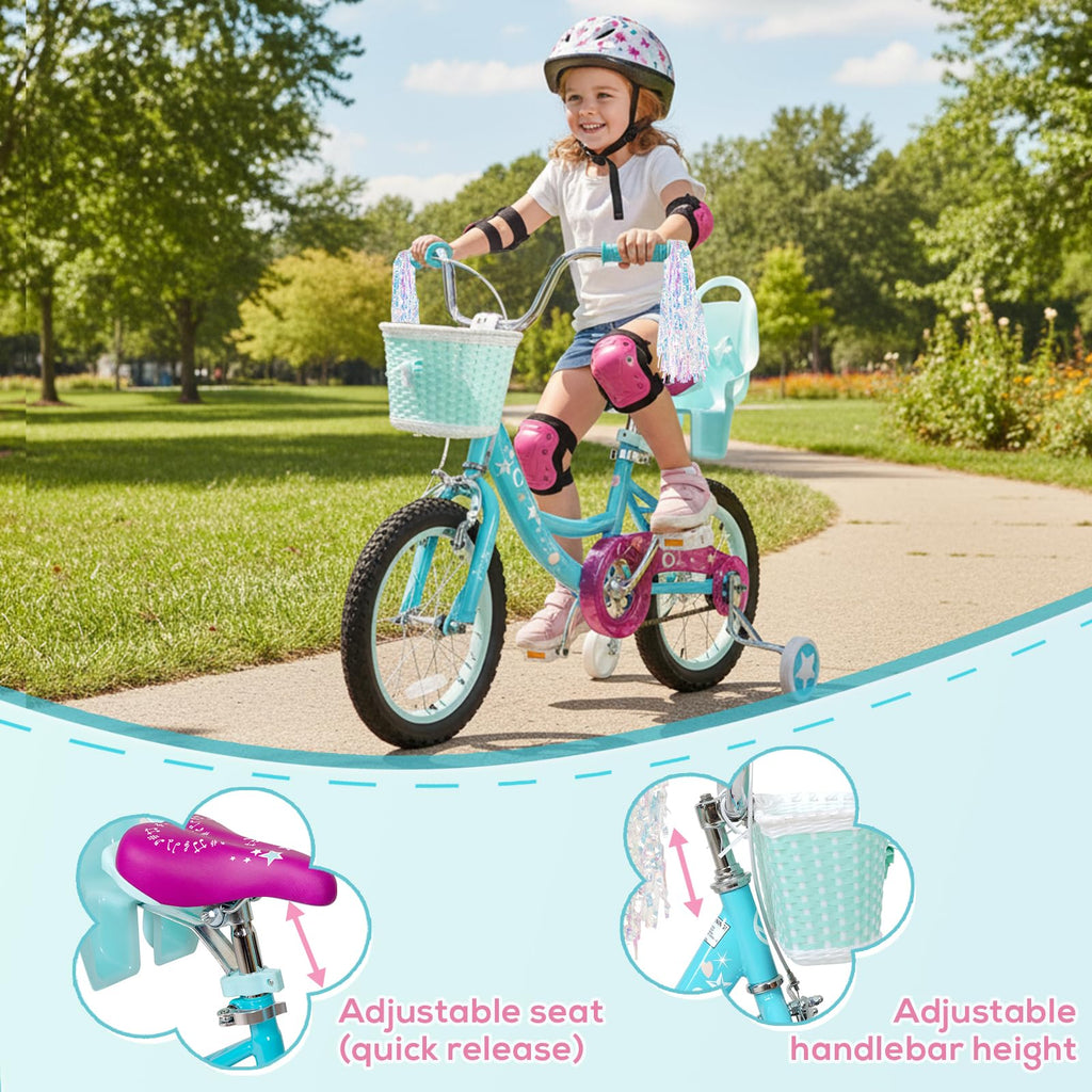 WEIZE Girls Bike for 3-12 Years Old Kids, 14 16 20 Inch Kids Bike with Training Wheels, Streamers, Basket and Doll Seat, Children Bicycles with Coaster Brake, Multiple Colors