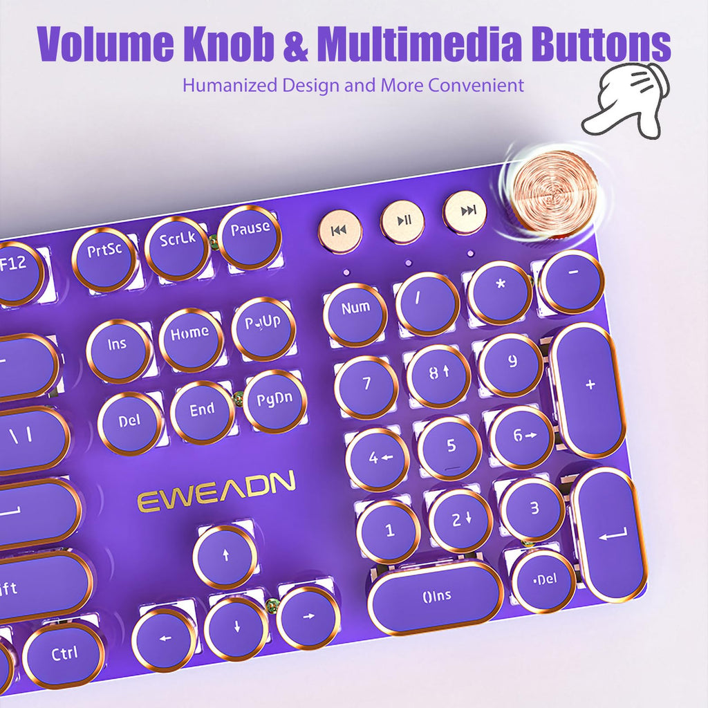 Typewriter Style Mechanical Gaming Keyboard White LED Backlit 104-Key NKRO Pink Switches Retro Round Keycaps Golden Ring Volume Knob Metal Panel Wired USB-C Detachable Cable, Rose Gold