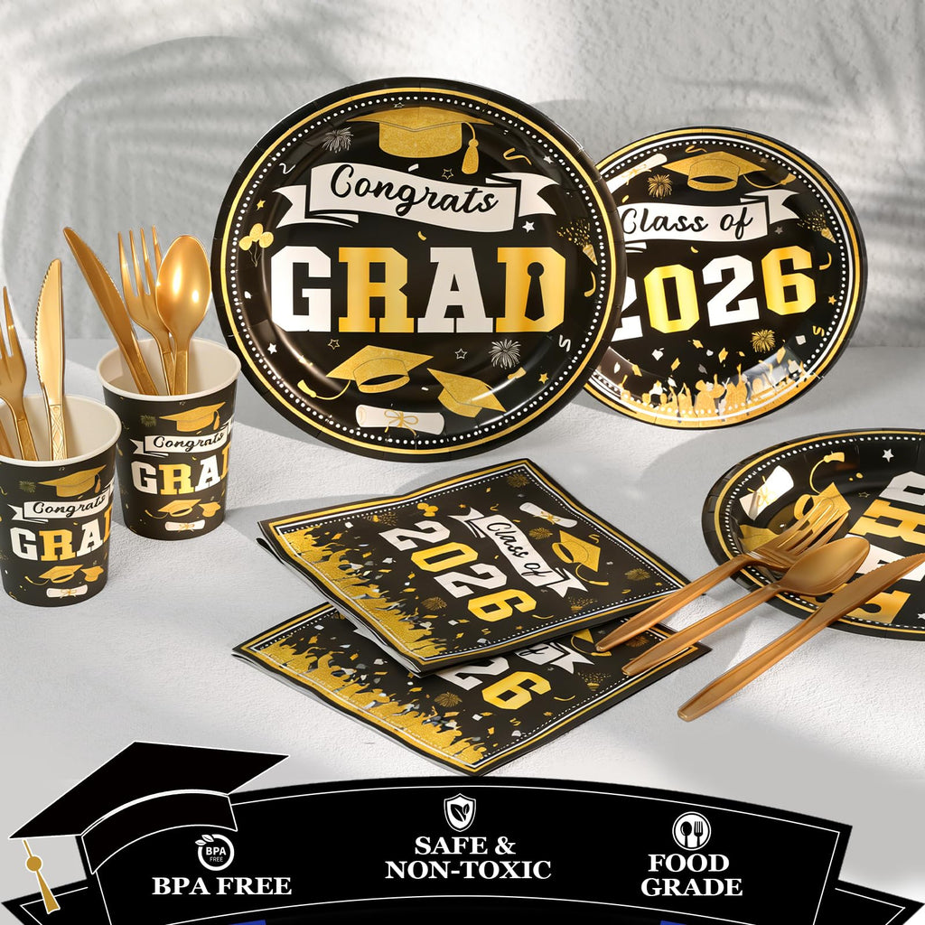 Graduation Decorations 2026 210Pcs, Black Gold Class of 2026 Graduation Party Decorations Tableware Set Disposable Grad Plates, Napkins, Dessert Plates, Cups, Straws and Forks for Grad Decor Supplies