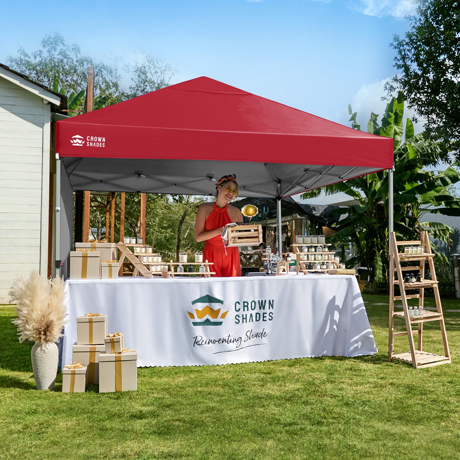 CROWN SHADES 10x10 Pop Up Canopy with 1 Side Wall - Beach Tent with One Push Setup - Outdoor Sun Shade for Events, Parties, Camping - Gazebo with STO-N-Go Cover Bag (White)
