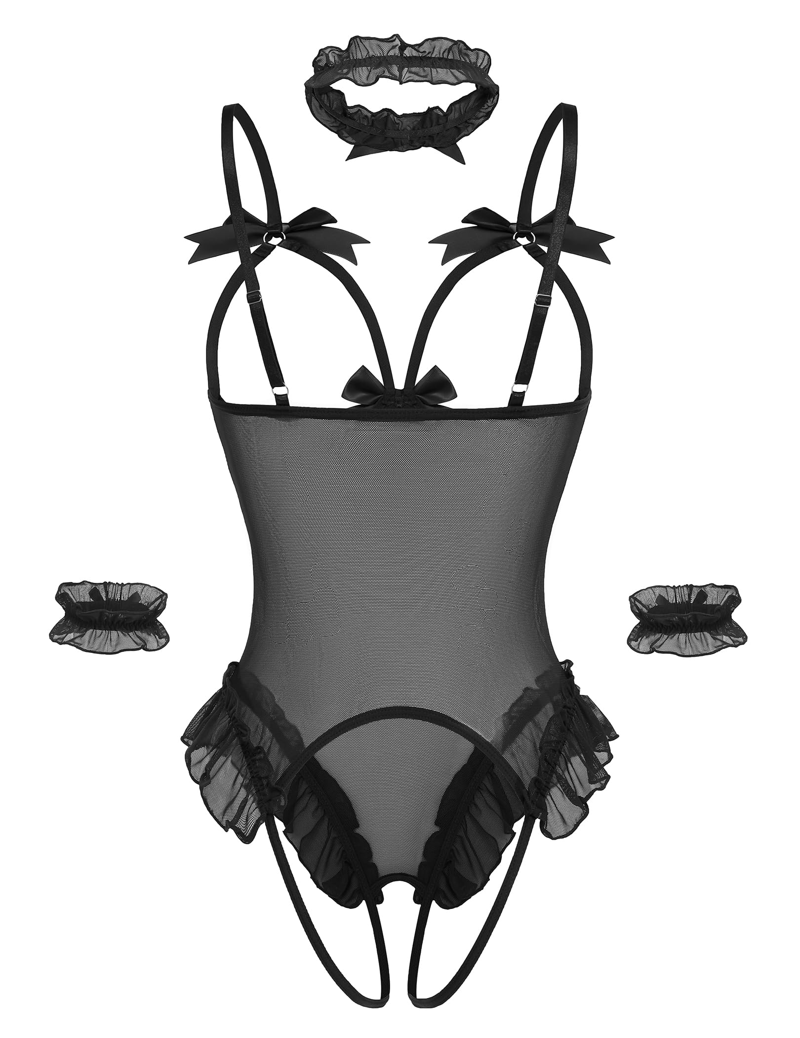 Avidlove Womens Lingerie Bodysuit 4 Piece Set Sheer Mesh Teddy Babydoll with Detachable Collar and Wrist Cuffs