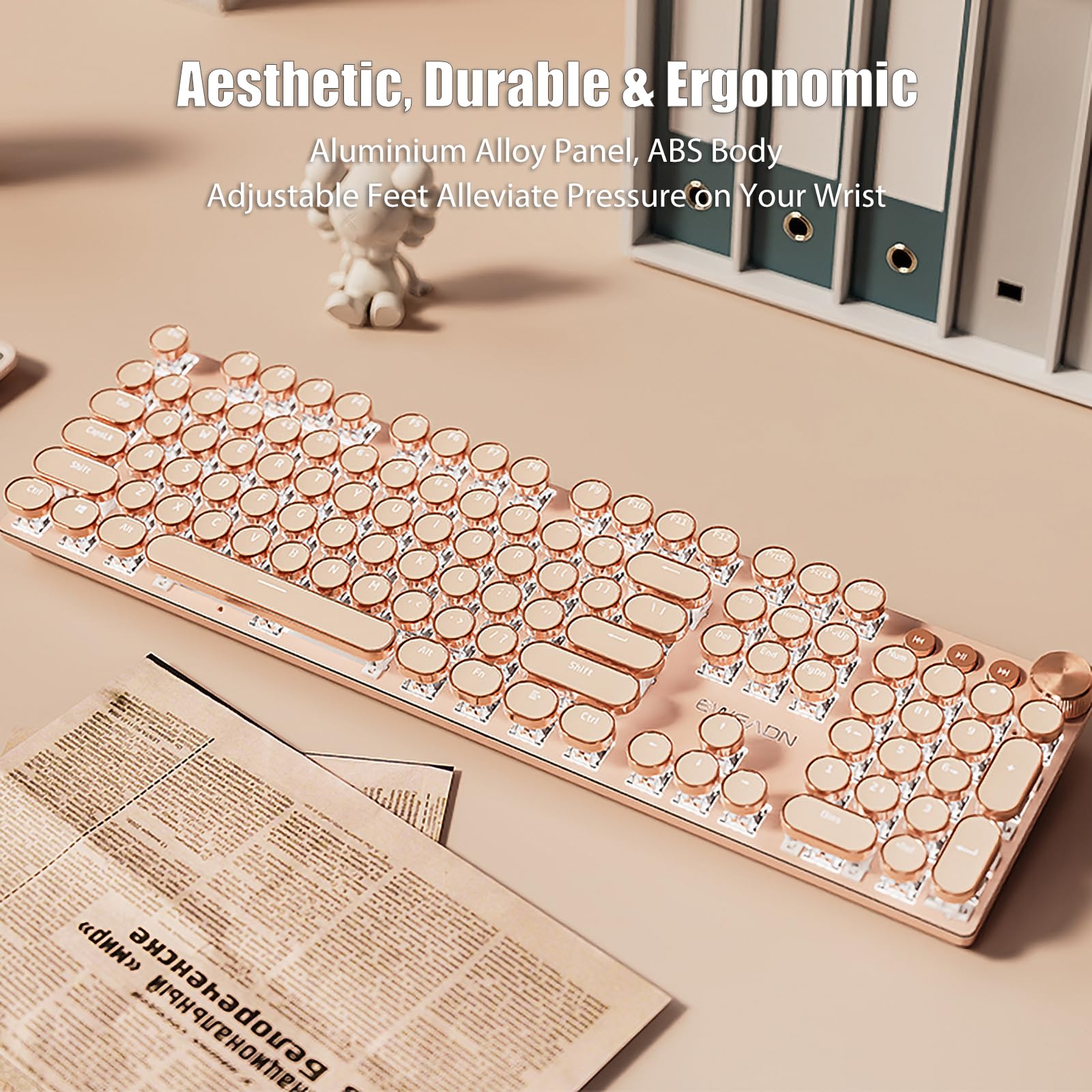 Typewriter Style Mechanical Gaming Keyboard White LED Backlit 104-Key NKRO Pink Switches Retro Round Keycaps Golden Ring Volume Knob Metal Panel Wired USB-C Detachable Cable, Rose Gold