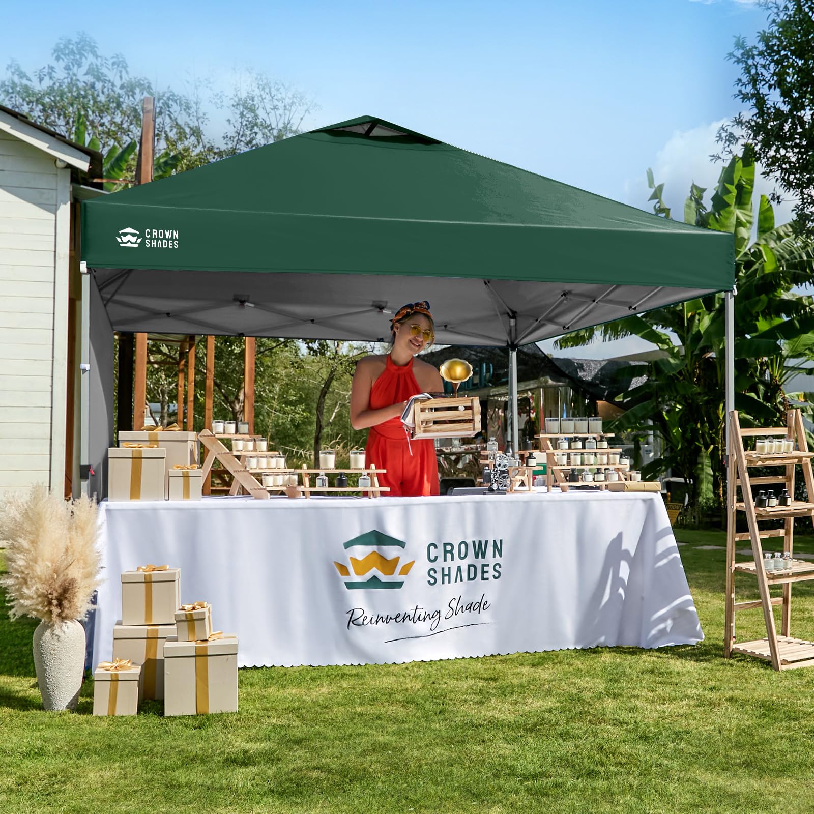 CROWN SHADES 10x10 Pop Up Canopy with 1 Side Wall - Beach Tent with One Push Setup - Outdoor Sun Shade for Events, Parties, Camping - Gazebo with STO-N-Go Cover Bag (White)