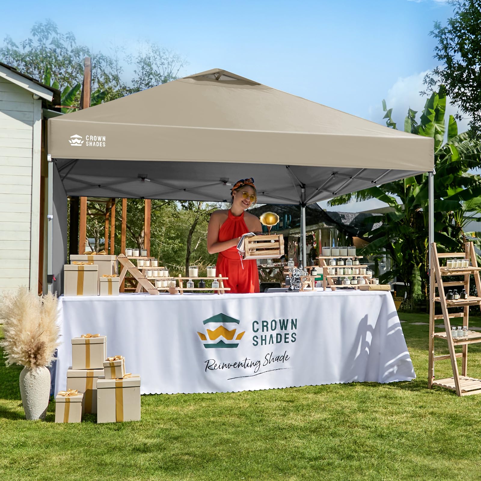 CROWN SHADES 10x10 Pop Up Canopy with 1 Side Wall - Beach Tent with One Push Setup - Outdoor Sun Shade for Events, Parties, Camping - Gazebo with STO-N-Go Cover Bag (White)