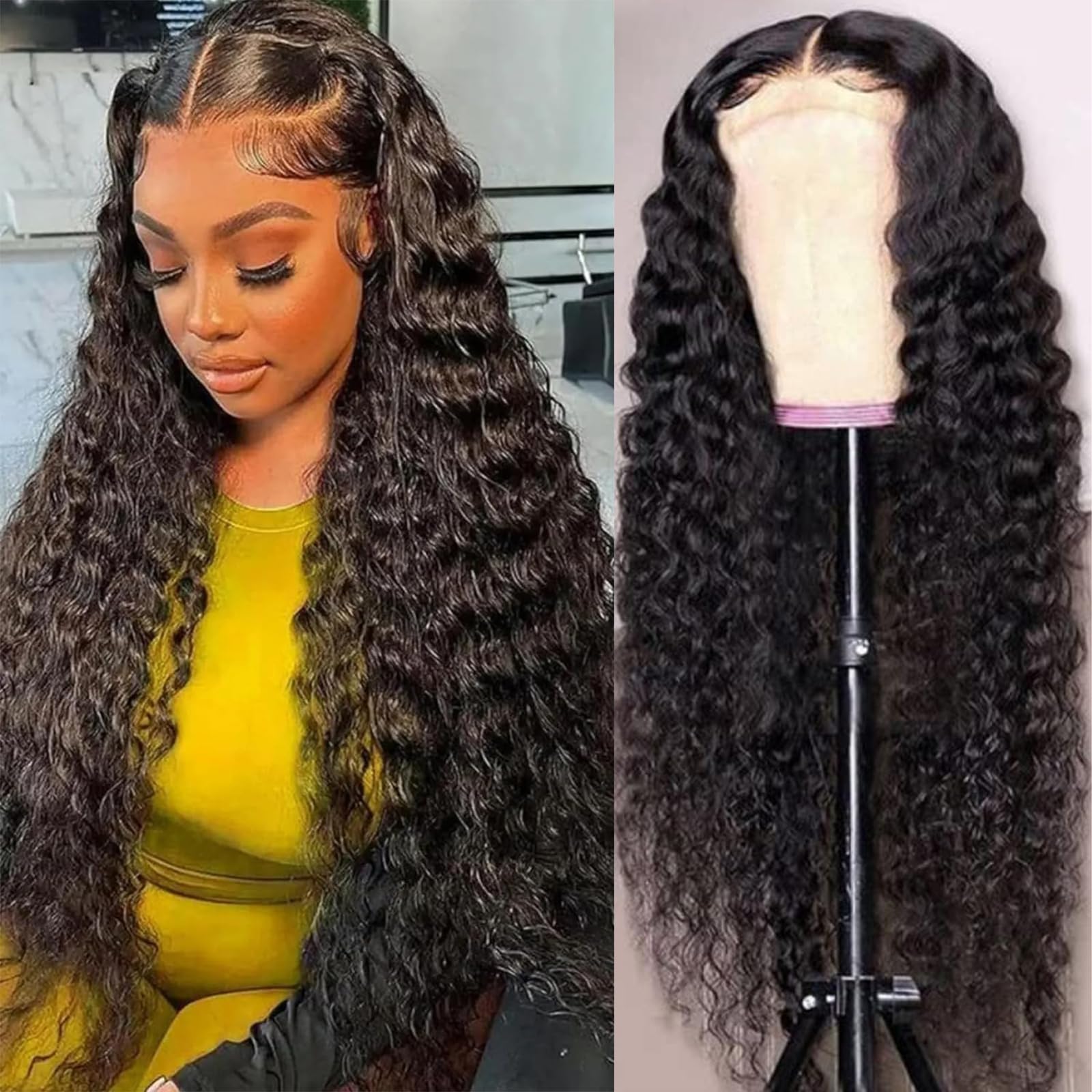 Nsvnsv 30 Inch 13x6 Deep Wave Lace Front Wigs Human Hair HD Full Lace Frontal Wigs Pre Plucked Bleached Knots 180% Density Deep Curly Human Hair Wig Natural Color