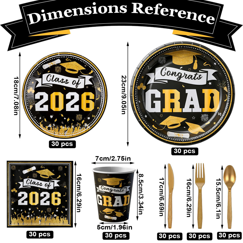 Graduation Decorations 2026 210Pcs, Black Gold Class of 2026 Graduation Party Decorations Tableware Set Disposable Grad Plates, Napkins, Dessert Plates, Cups, Straws and Forks for Grad Decor Supplies