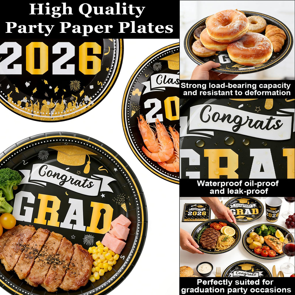 Graduation Decorations 2026 210Pcs, Black Gold Class of 2026 Graduation Party Decorations Tableware Set Disposable Grad Plates, Napkins, Dessert Plates, Cups, Straws and Forks for Grad Decor Supplies