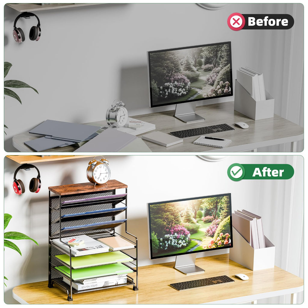 Simple Trending 7 Tier Desk File Organizer, Letter Tray Paper Organizer with Pen Holder and Metal Hanging Basket, Pink