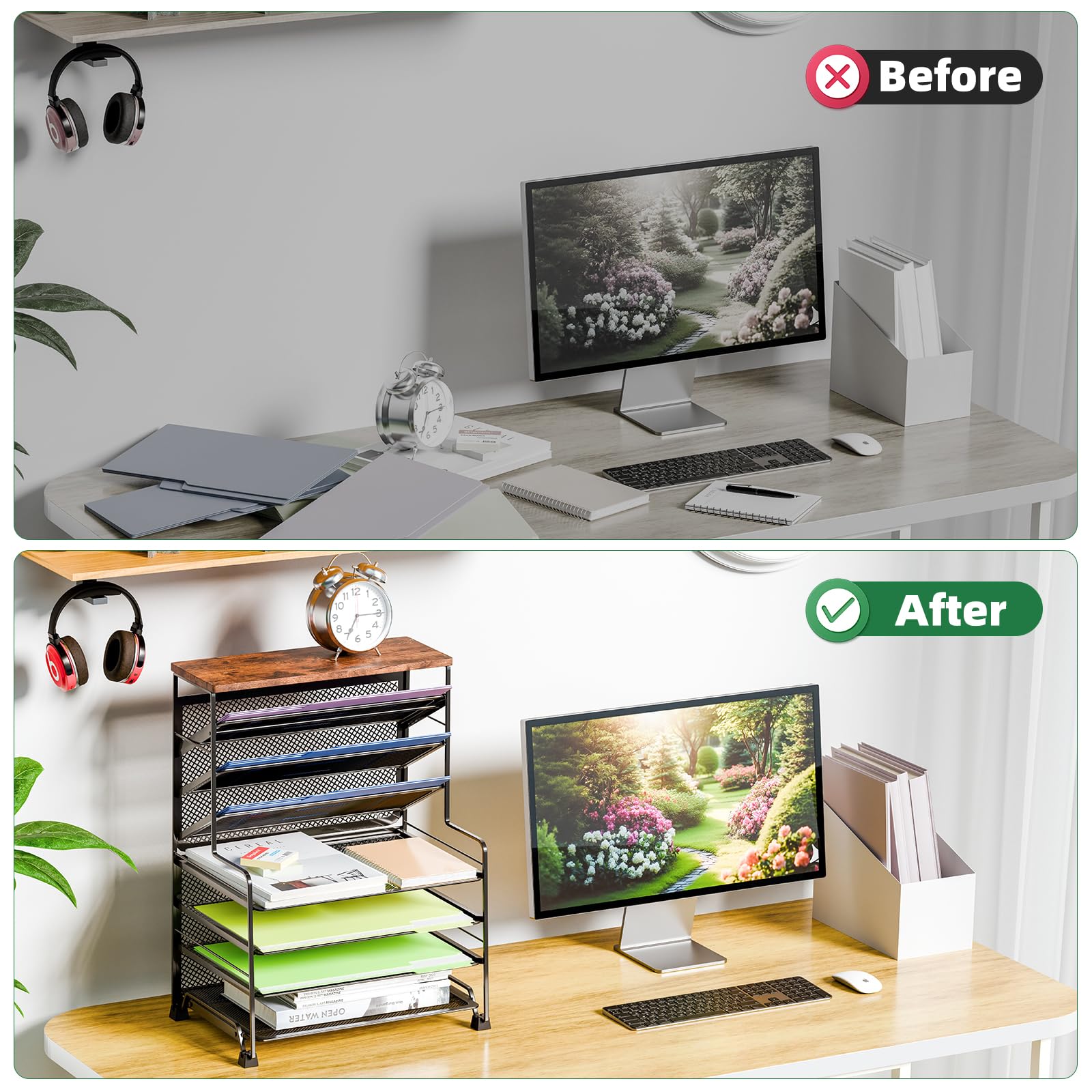 Simple Trending 7 Tier Desk File Organizer, Letter Tray Paper Organizer with Pen Holder and Metal Hanging Basket, Pink