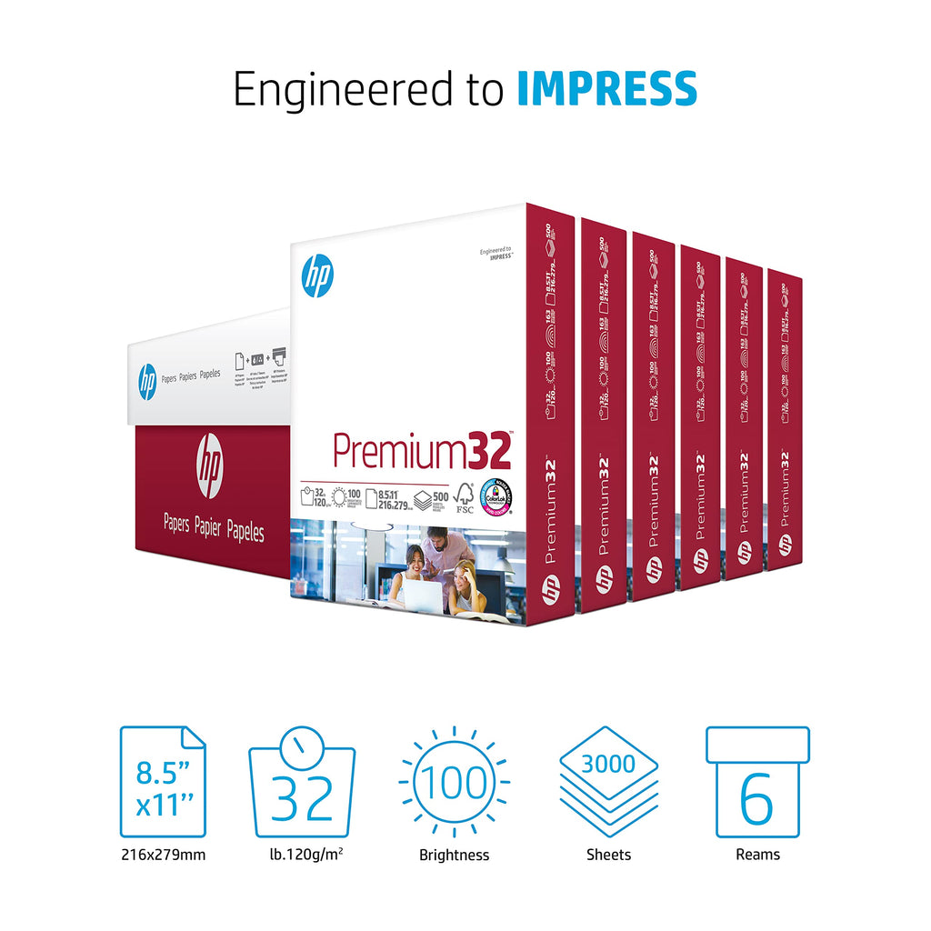 HP Paper Printer | 8.5 x 11 Paper | Premium 32 lb | 1 Ream - 500 Sheets | 100 Bright | Made in USA - FSC Certified | 113100R