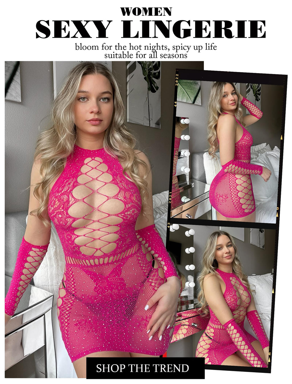 Avidlove Fishnet Lingerie Womens Mesh Chemise One Piece Babydoll Mini Dress Lace Sparkle Rhinestone Lingeries for Women