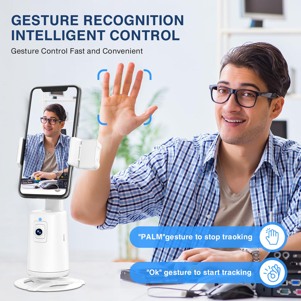 Auto Face Tracking Tripod 360° Rotating Cell Phone Photo and Video Kits Stand, No App, Camera Stand with Remote and Gesture Control, Rechargeable Smart Shooting Stand for Live Recording Tiktok（Black）