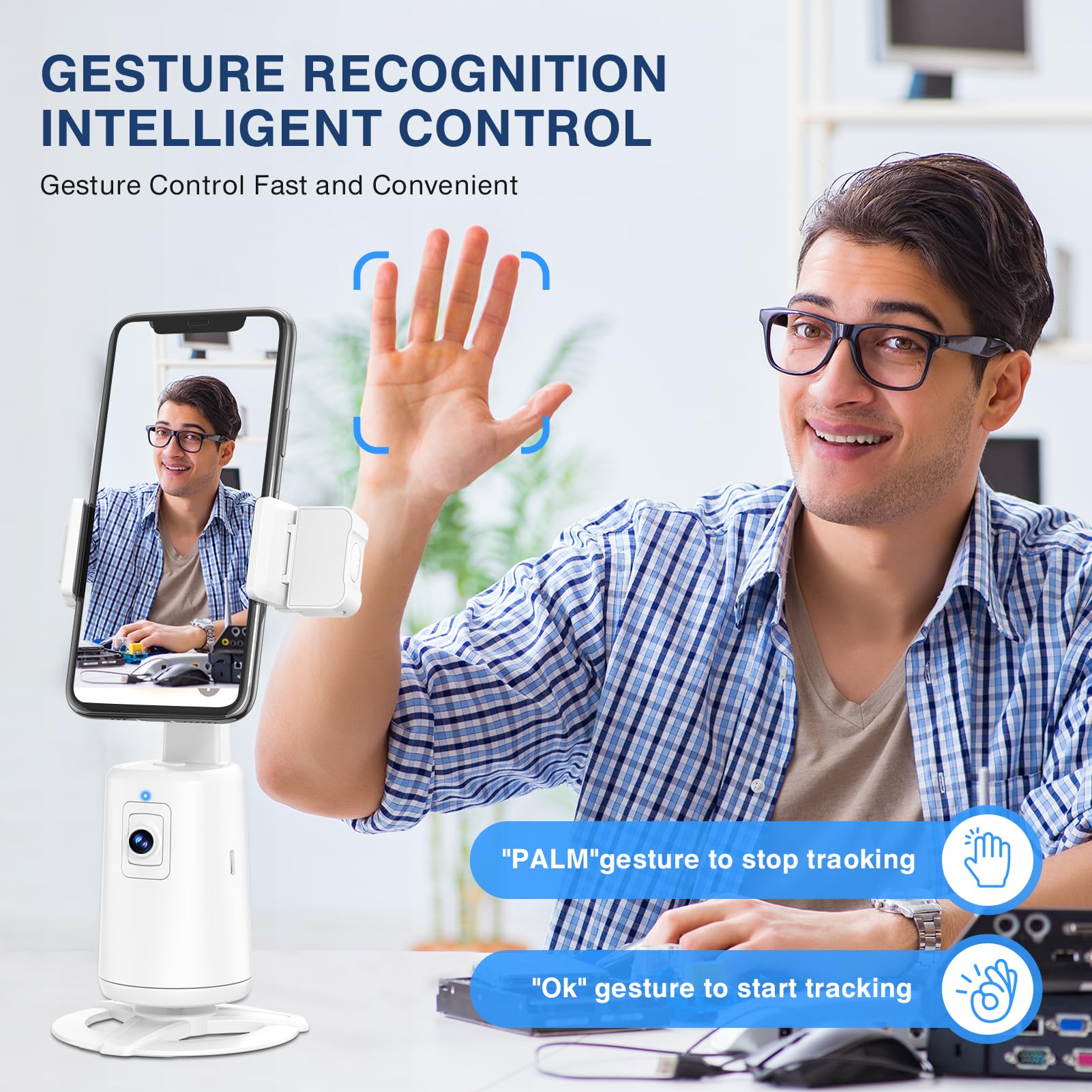 Auto Face Tracking Tripod 360° Rotating Cell Phone Photo and Video Kits Stand, No App, Camera Stand with Remote and Gesture Control, Rechargeable Smart Shooting Stand for Live Recording Tiktok（Black）