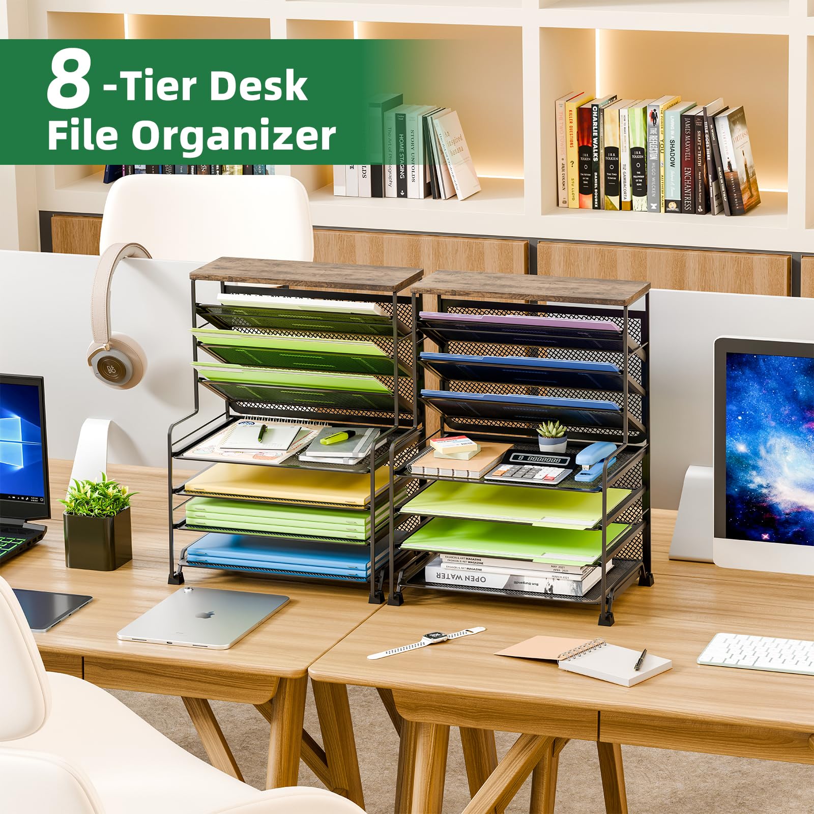 Simple Trending 7 Tier Desk File Organizer, Letter Tray Paper Organizer with Pen Holder and Metal Hanging Basket, Pink