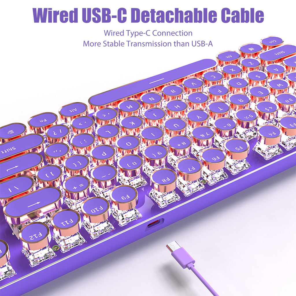 Typewriter Style Mechanical Gaming Keyboard White LED Backlit 104-Key NKRO Pink Switches Retro Round Keycaps Golden Ring Volume Knob Metal Panel Wired USB-C Detachable Cable, Rose Gold