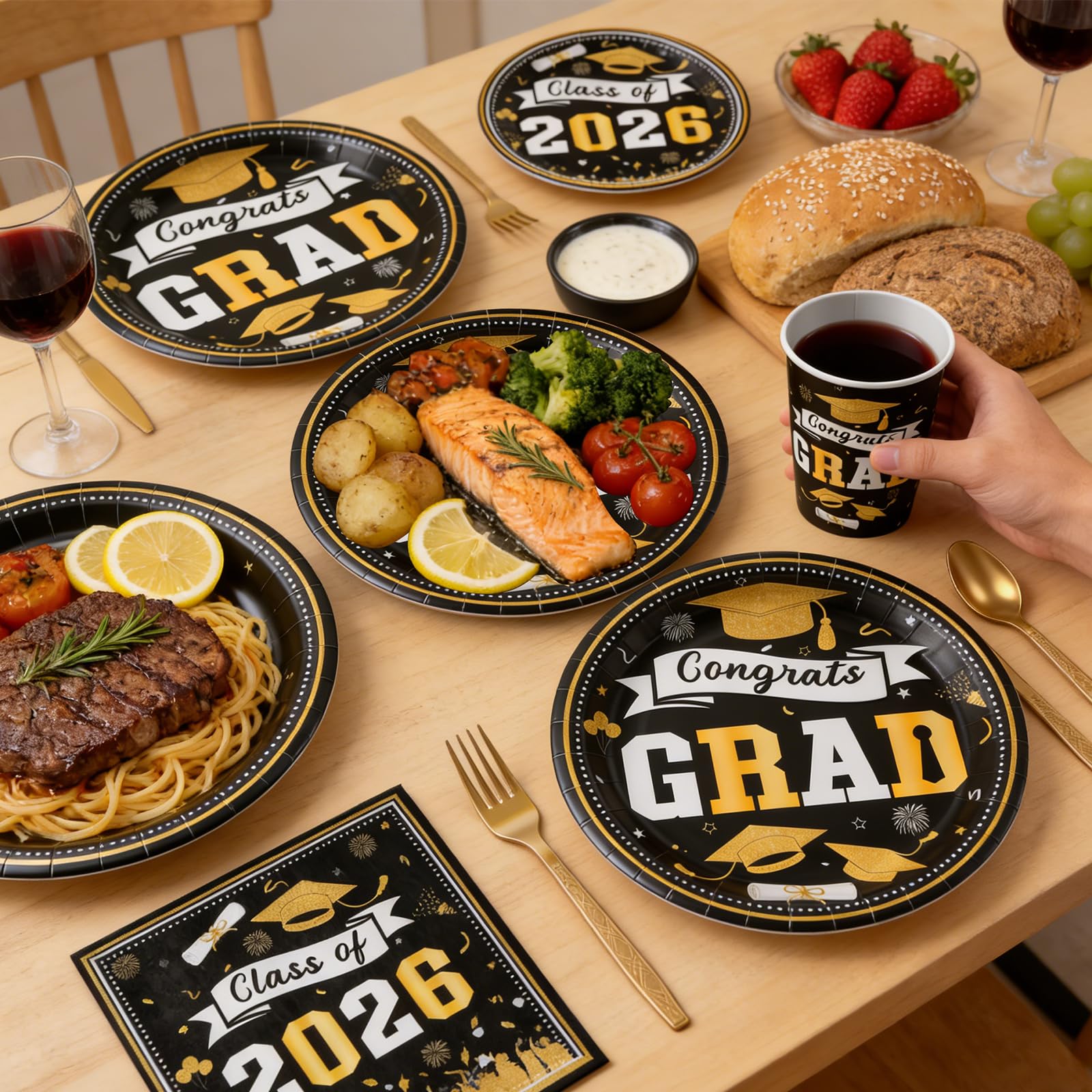 Graduation Decorations 2026 210Pcs, Black Gold Class of 2026 Graduation Party Decorations Tableware Set Disposable Grad Plates, Napkins, Dessert Plates, Cups, Straws and Forks for Grad Decor Supplies