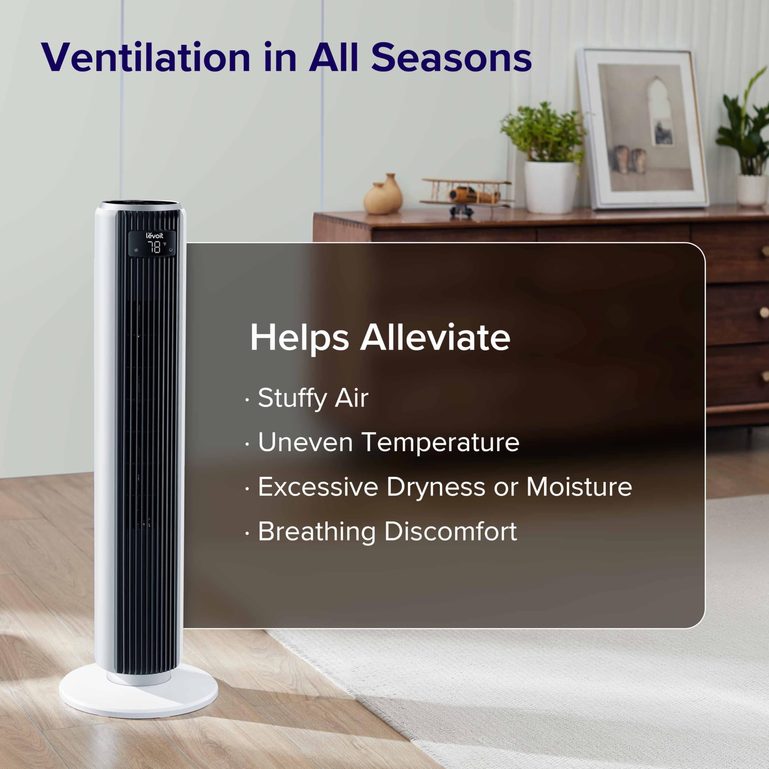 LEVOIT Tower Fan for Bedroom, 90° Oscillating Standing Fan with 28dB Quiet for Sleep, 25ft/s Velocity, 12H Timer, 5 Speeds 4 Modes, Remoter, Bladeless Room Fan for Home, Office, Indoor, 36 inch, White