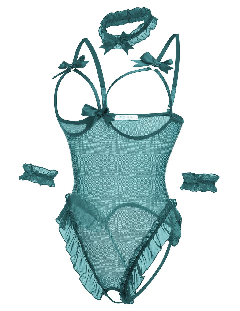 Avidlove Womens Lingerie Bodysuit 4 Piece Set Sheer Mesh Teddy Babydoll with Detachable Collar and Wrist Cuffs