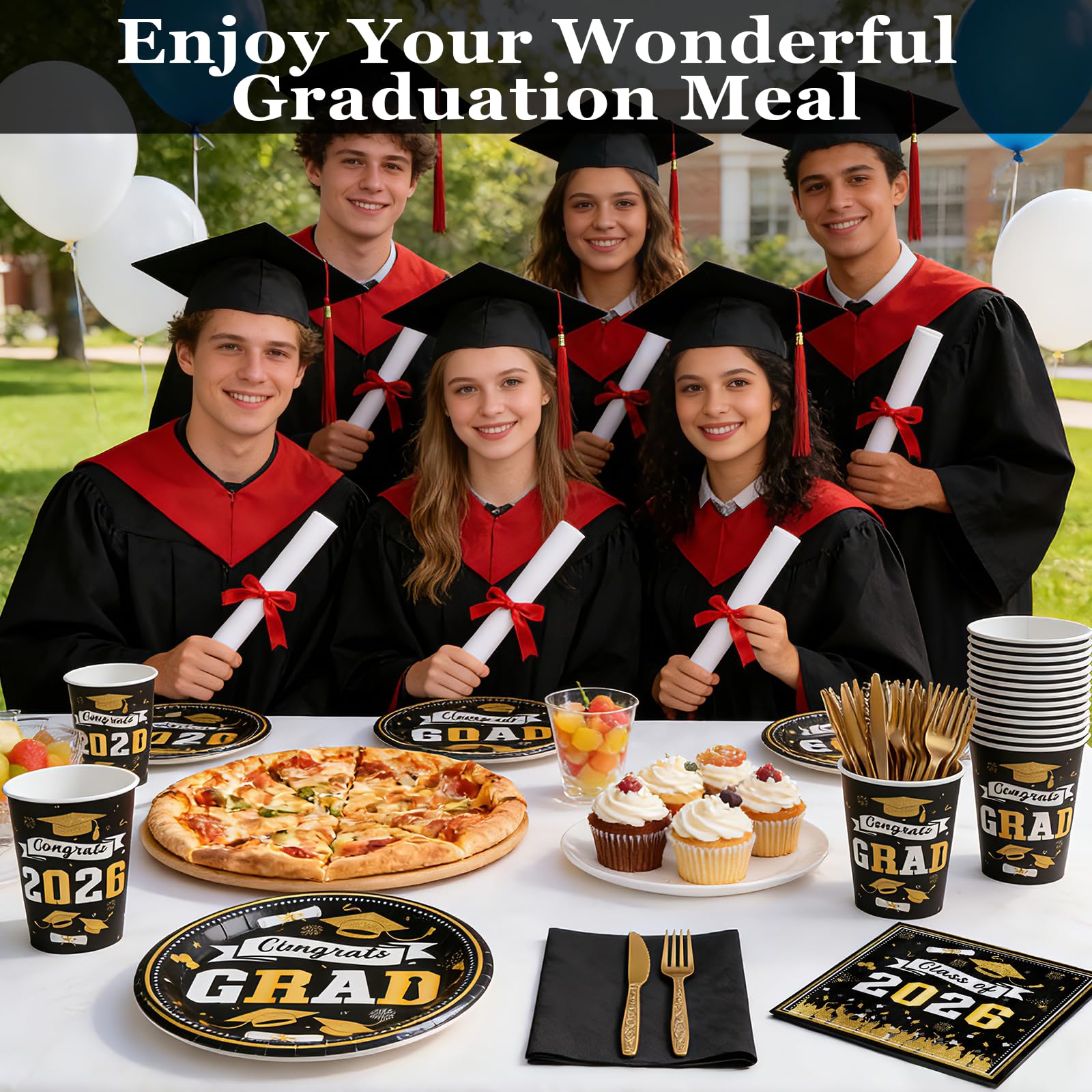 Graduation Decorations 2026 210Pcs, Black Gold Class of 2026 Graduation Party Decorations Tableware Set Disposable Grad Plates, Napkins, Dessert Plates, Cups, Straws and Forks for Grad Decor Supplies