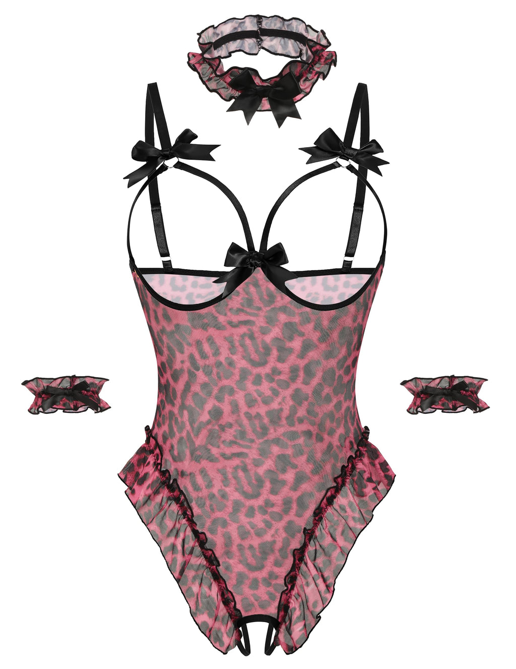 Avidlove Womens Lingerie Bodysuit 4 Piece Set Sheer Mesh Teddy Babydoll with Detachable Collar and Wrist Cuffs