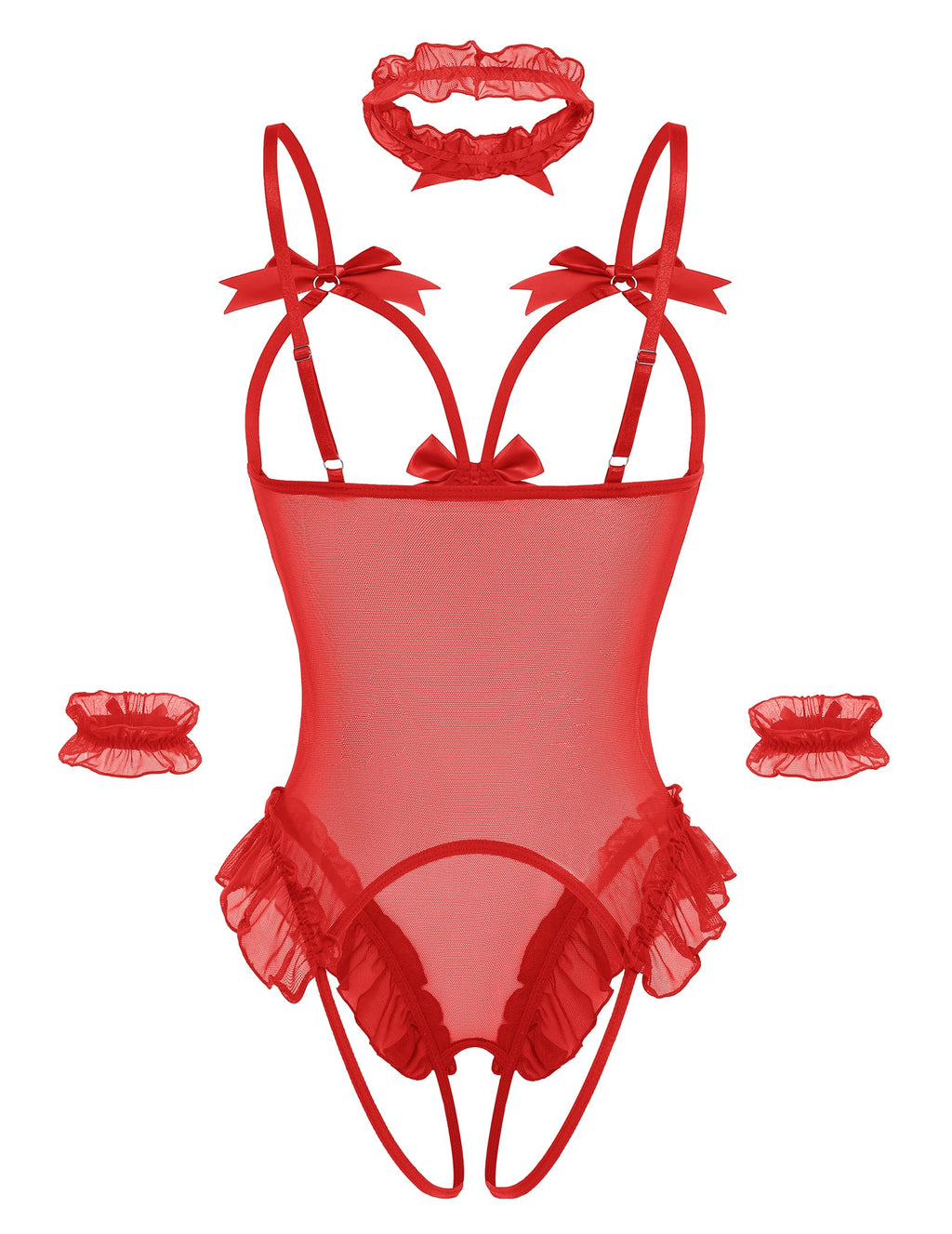 Avidlove Womens Lingerie Bodysuit 4 Piece Set Sheer Mesh Teddy Babydoll with Detachable Collar and Wrist Cuffs