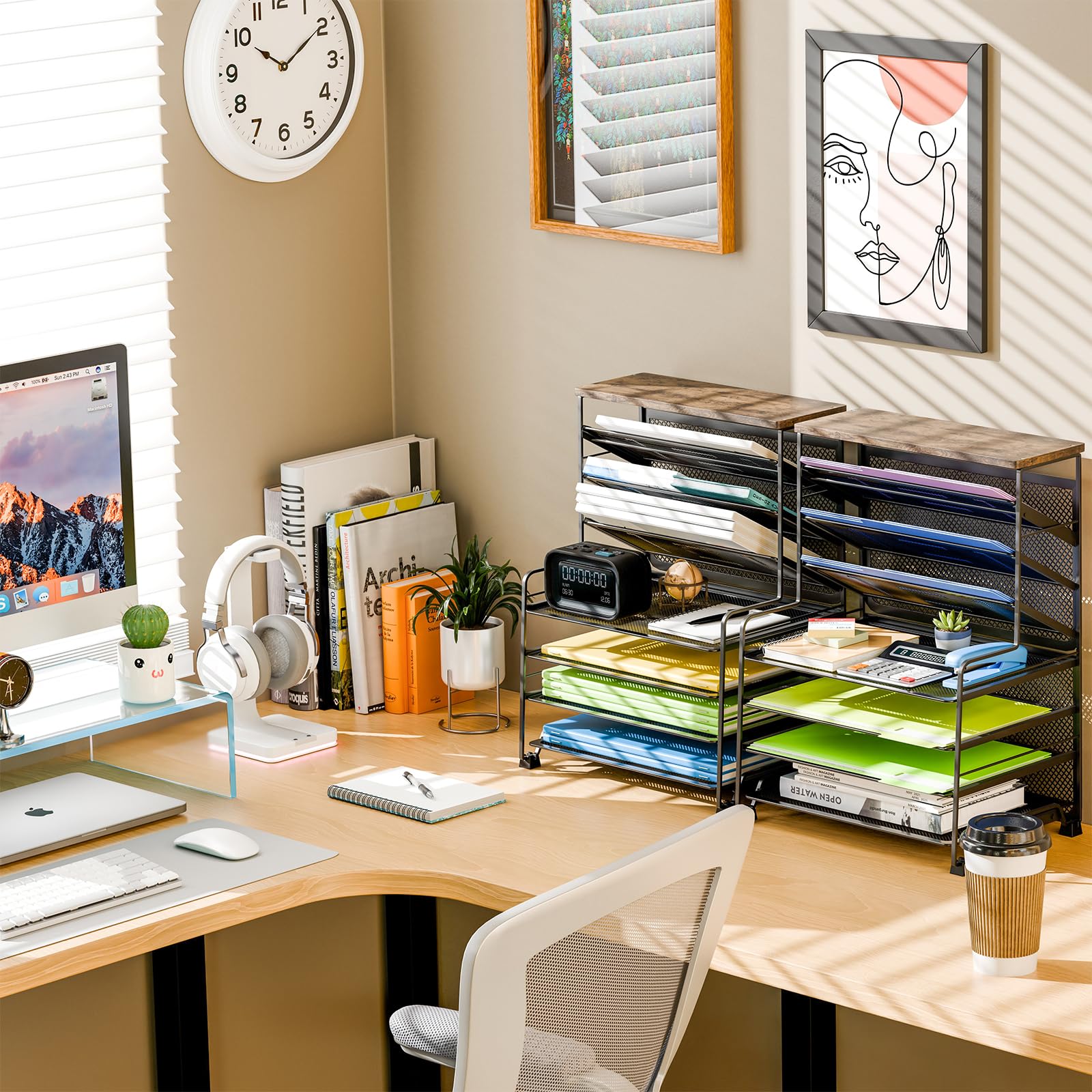 Simple Trending 7 Tier Desk File Organizer, Letter Tray Paper Organizer with Pen Holder and Metal Hanging Basket, Pink