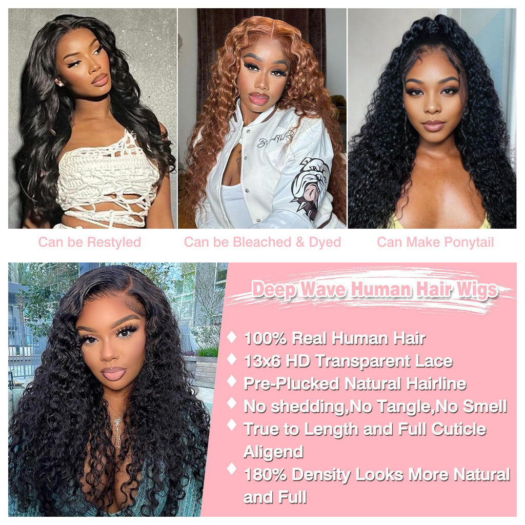 Nsvnsv 30 Inch 13x6 Deep Wave Lace Front Wigs Human Hair HD Full Lace Frontal Wigs Pre Plucked Bleached Knots 180% Density Deep Curly Human Hair Wig Natural Color