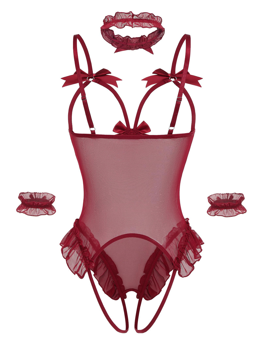 Avidlove Womens Lingerie Bodysuit 4 Piece Set Sheer Mesh Teddy Babydoll with Detachable Collar and Wrist Cuffs