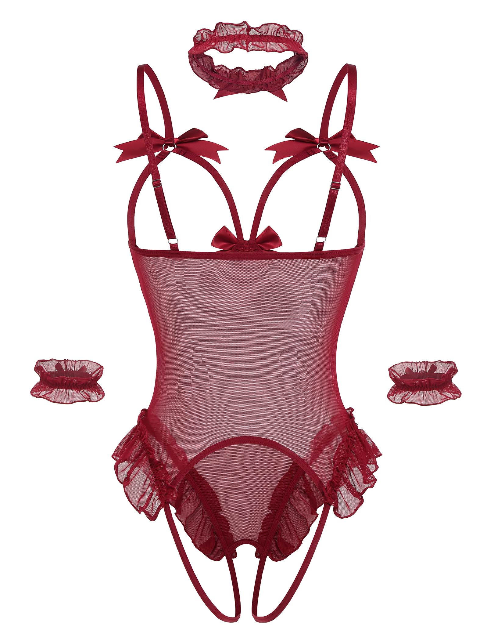Avidlove Womens Lingerie Bodysuit 4 Piece Set Sheer Mesh Teddy Babydoll with Detachable Collar and Wrist Cuffs