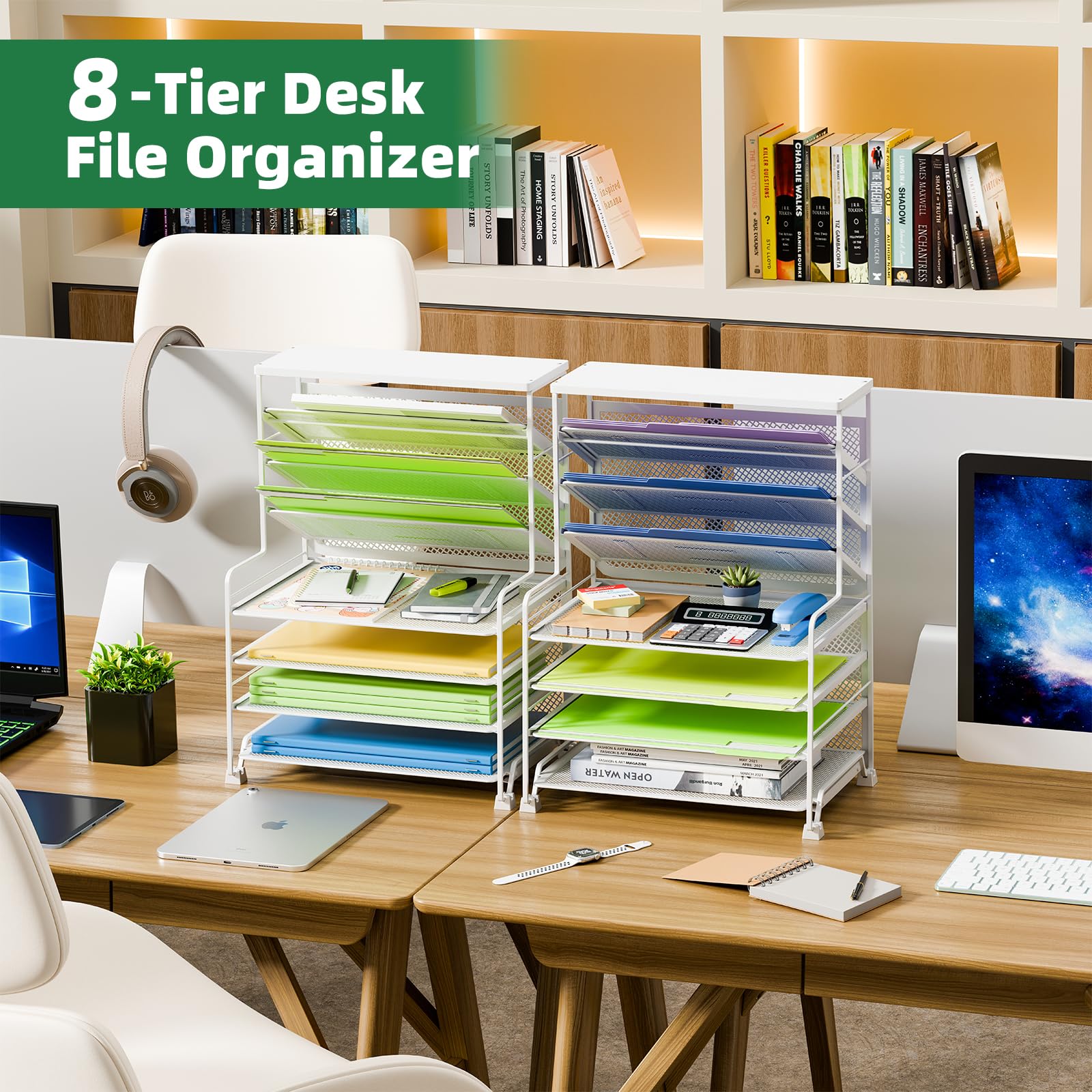 Simple Trending 7 Tier Desk File Organizer, Letter Tray Paper Organizer with Pen Holder and Metal Hanging Basket, Pink