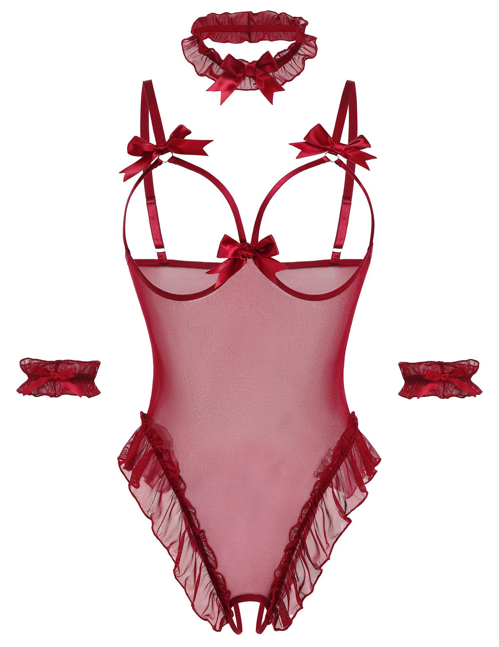Avidlove Womens Lingerie Bodysuit 4 Piece Set Sheer Mesh Teddy Babydoll with Detachable Collar and Wrist Cuffs