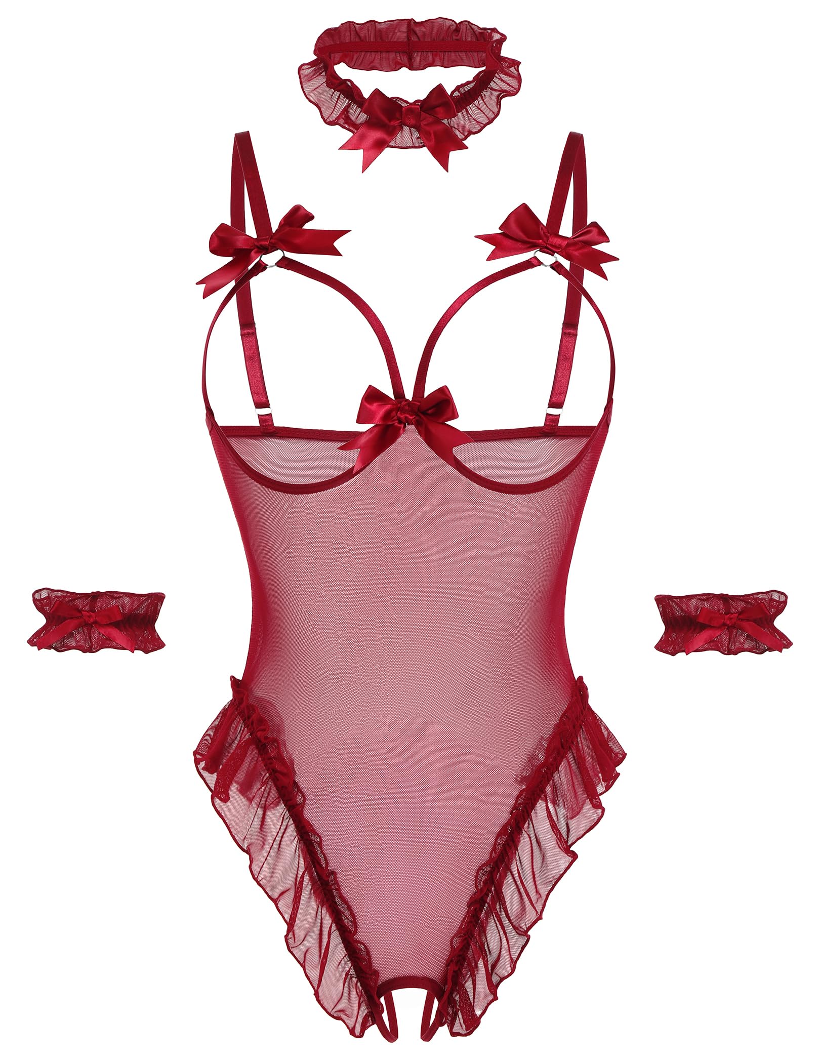Avidlove Womens Lingerie Bodysuit 4 Piece Set Sheer Mesh Teddy Babydoll with Detachable Collar and Wrist Cuffs
