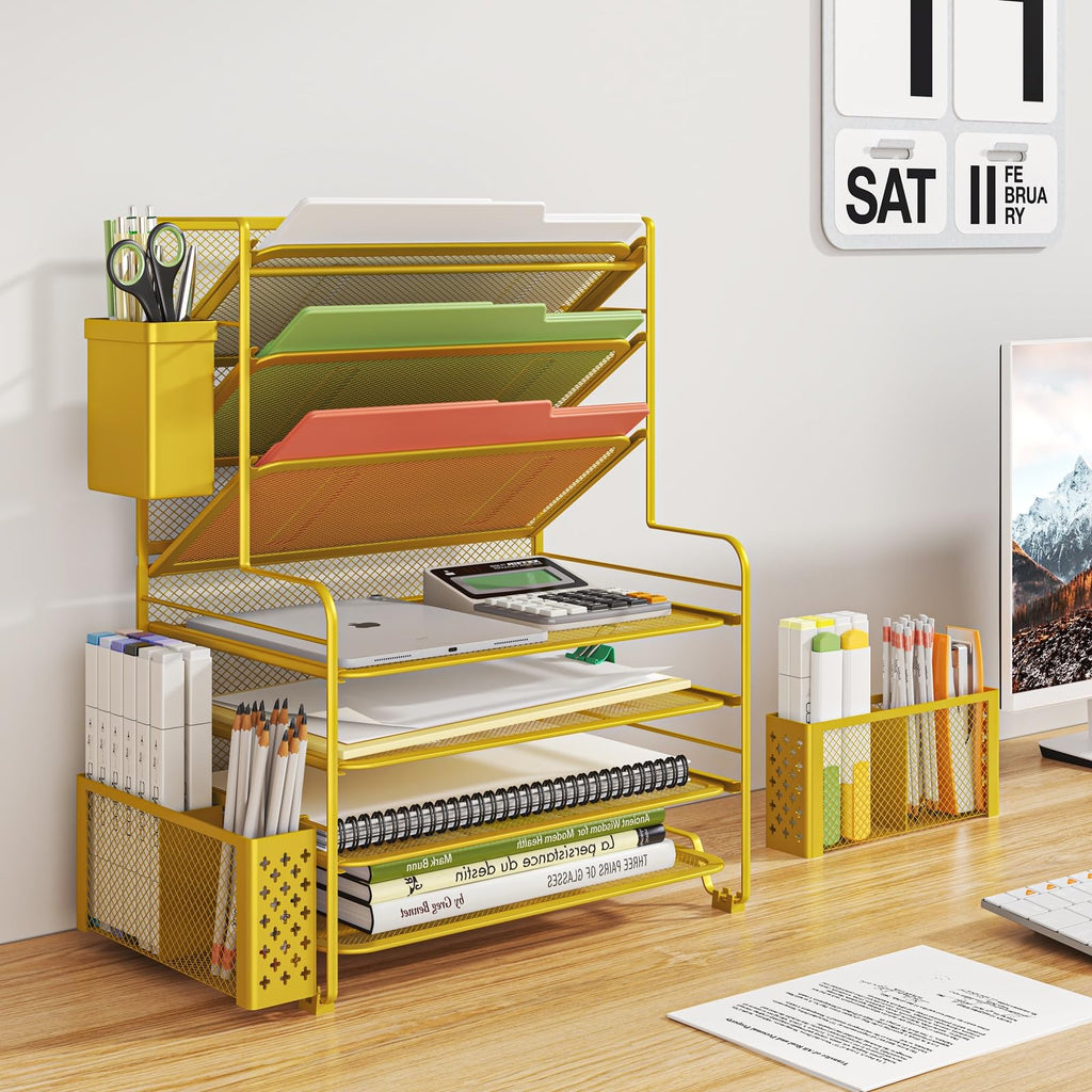 Simple Trending 7 Tier Desk File Organizer, Letter Tray Paper Organizer with Pen Holder and Metal Hanging Basket, Pink