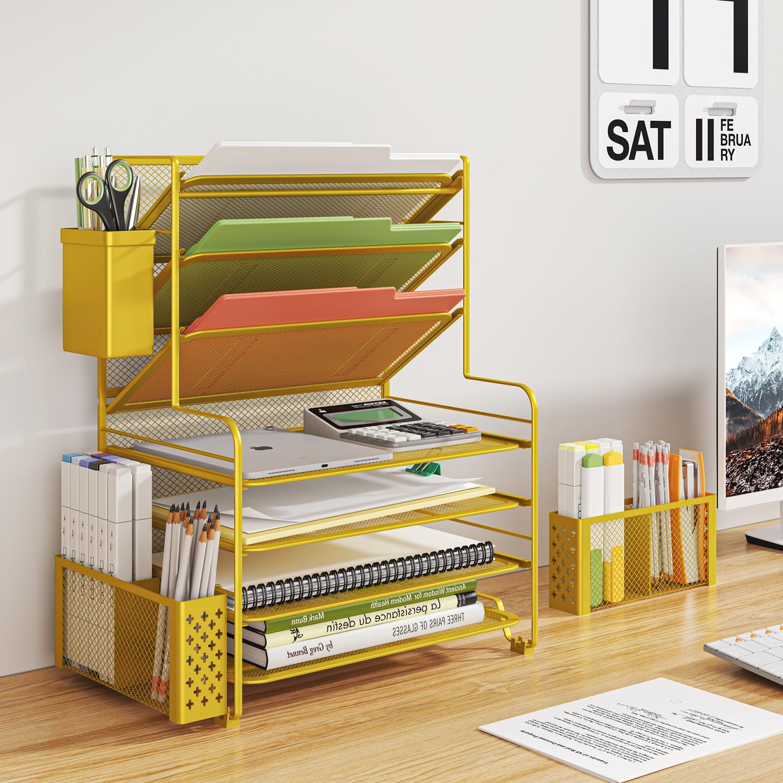 Simple Trending 7 Tier Desk File Organizer, Letter Tray Paper Organizer with Pen Holder and Metal Hanging Basket, Pink