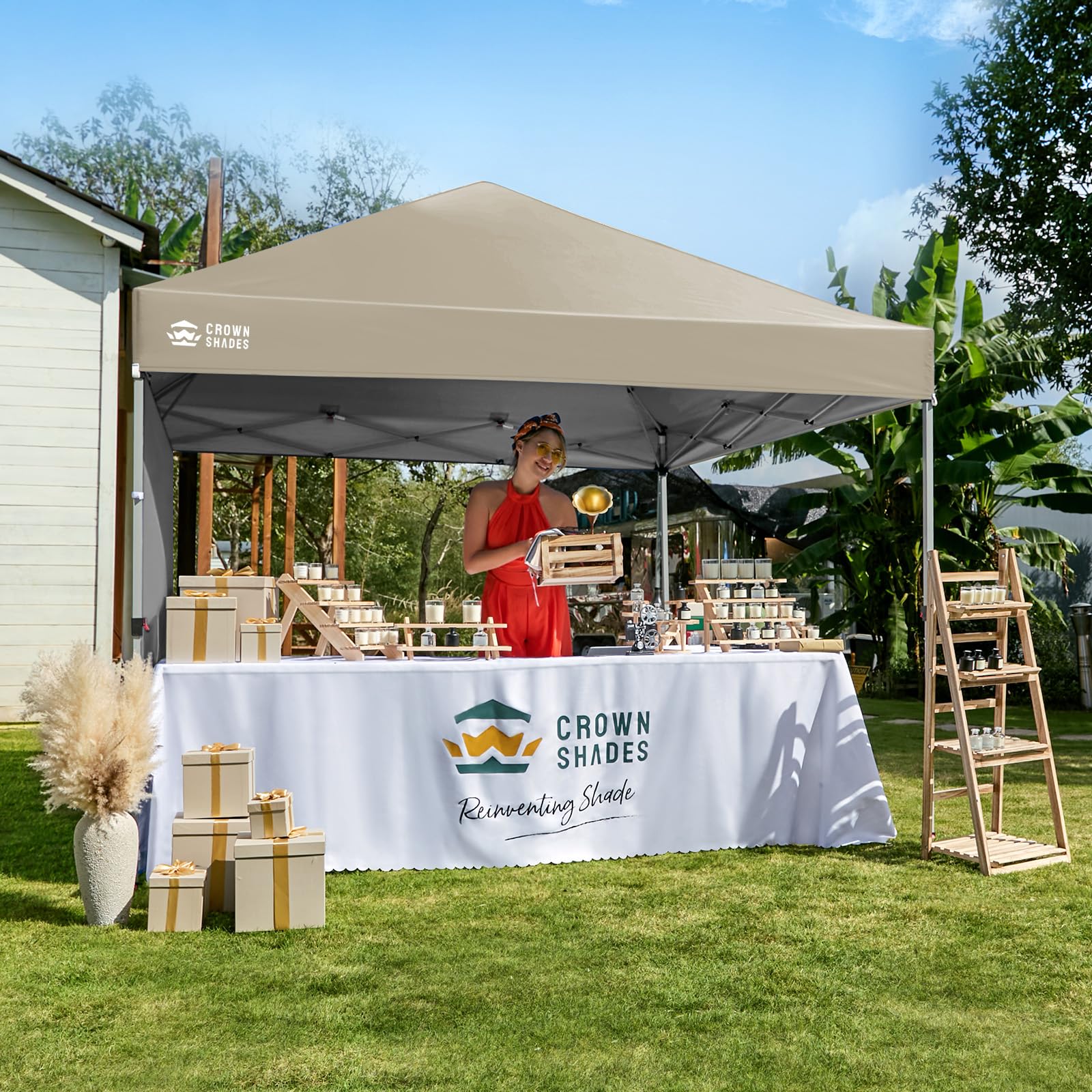 CROWN SHADES 10x10 Pop Up Canopy with 1 Side Wall - Beach Tent with One Push Setup - Outdoor Sun Shade for Events, Parties, Camping - Gazebo with STO-N-Go Cover Bag (White)