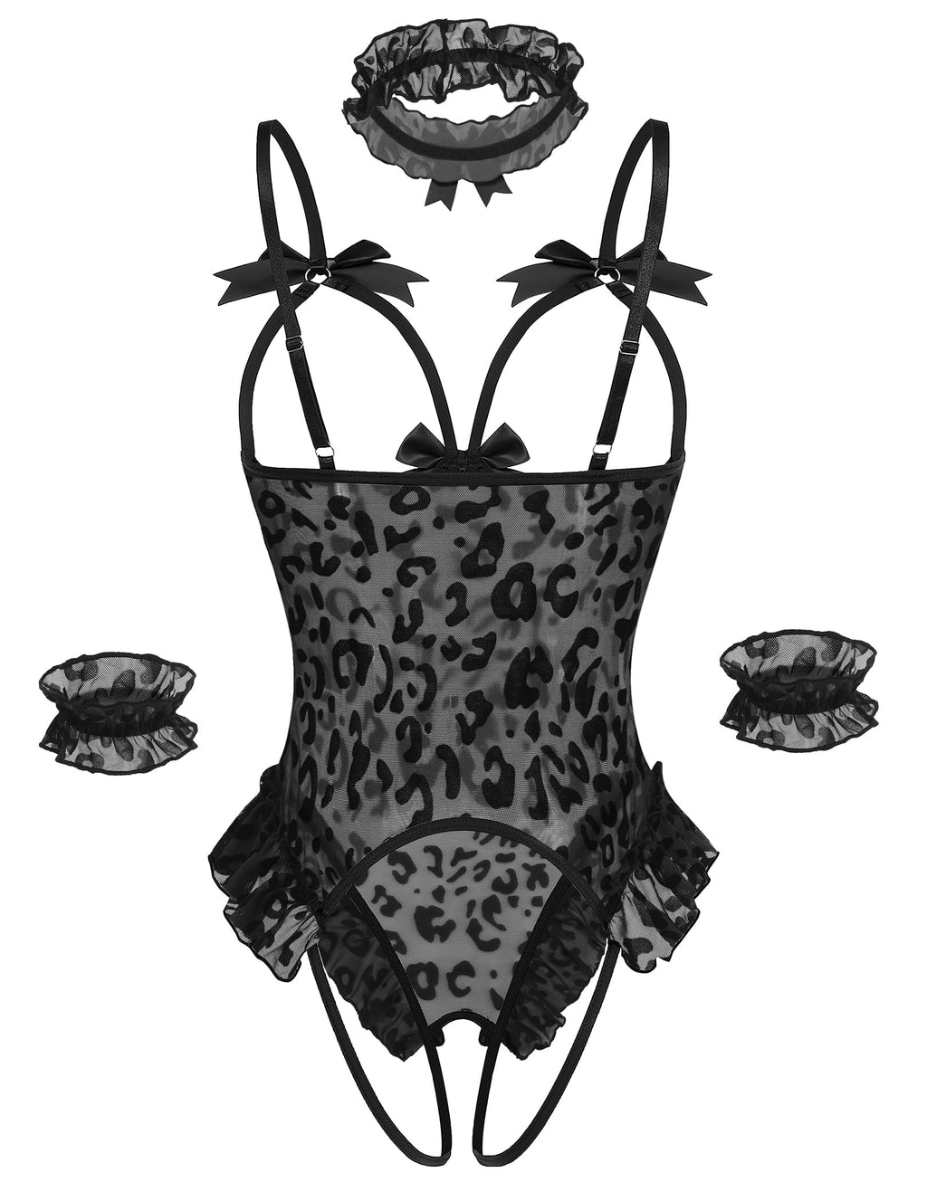 Avidlove Womens Lingerie Bodysuit 4 Piece Set Sheer Mesh Teddy Babydoll with Detachable Collar and Wrist Cuffs