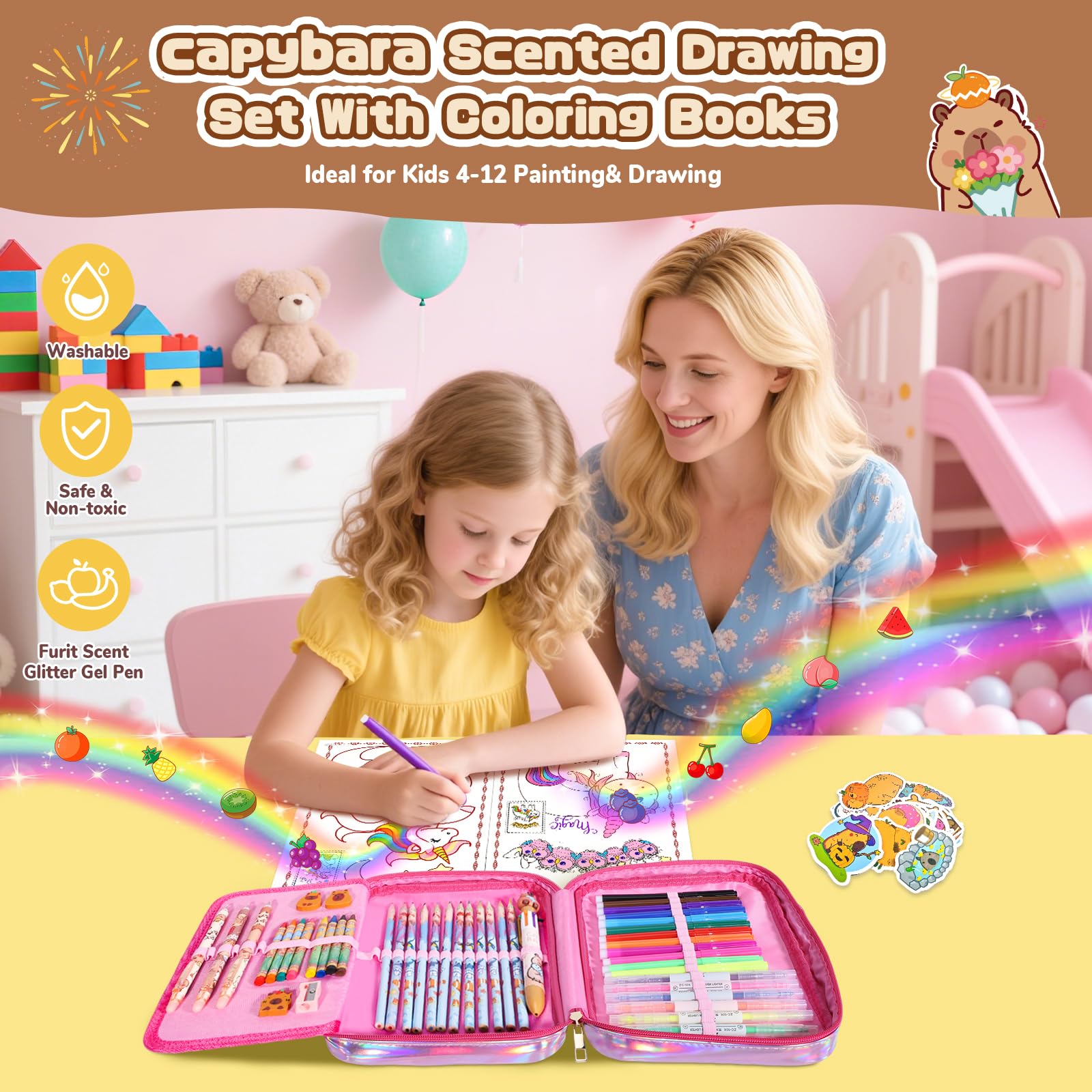 73PCS Unicorn Washable Markers Set with Glitter Pencil Case, Art Supplies and Craft for Girls Ages 4-6-8,Kids Coloring Drawing Kit with Marker,Colored Pencil,Crayon,Gel Pen,Birthday Gift Toys for Girl