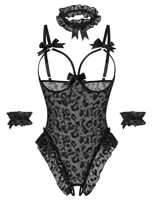 Avidlove Womens Lingerie Bodysuit 4 Piece Set Sheer Mesh Teddy Babydoll with Detachable Collar and Wrist Cuffs