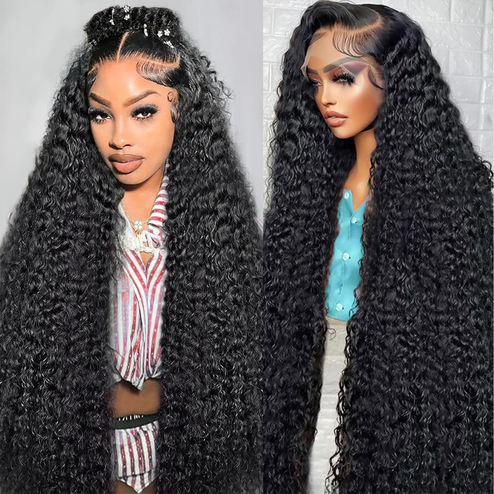 Nsvnsv 30 Inch 13x6 Deep Wave Lace Front Wigs Human Hair HD Full Lace Frontal Wigs Pre Plucked Bleached Knots 180% Density Deep Curly Human Hair Wig Natural Color