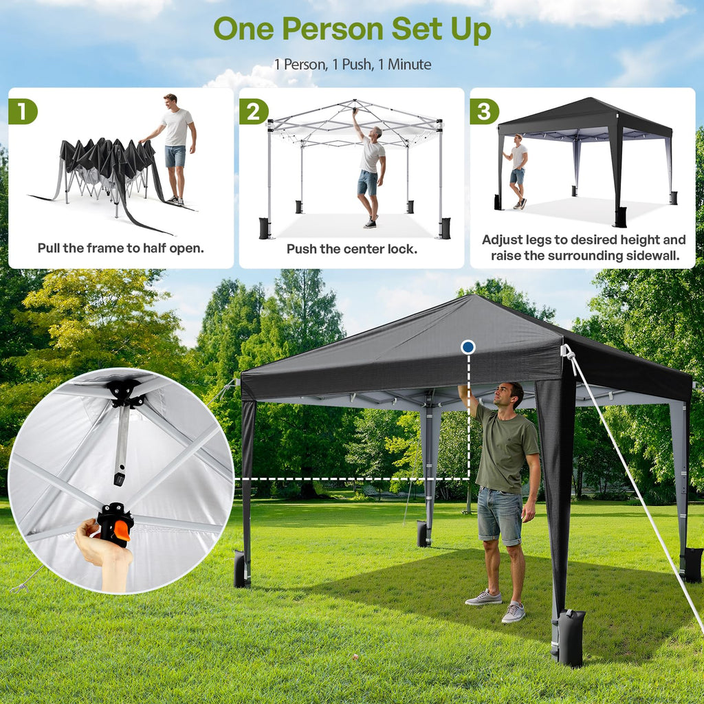 Driftalia 10x10 Pop Up Canopy with Sidewalls, Outdoor Instant Canopy Tent with Carry Bag for Commercial Events, Camping, Backyard Parties - White