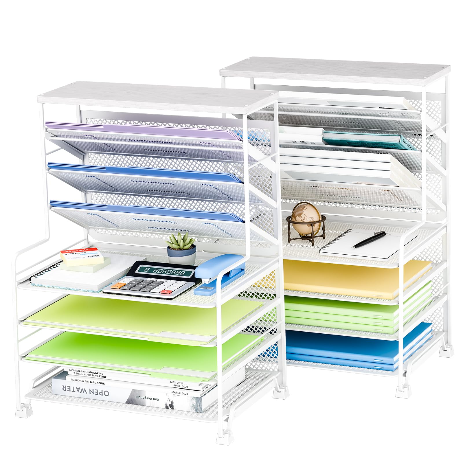 Simple Trending 7 Tier Desk File Organizer, Letter Tray Paper Organizer with Pen Holder and Metal Hanging Basket, Pink