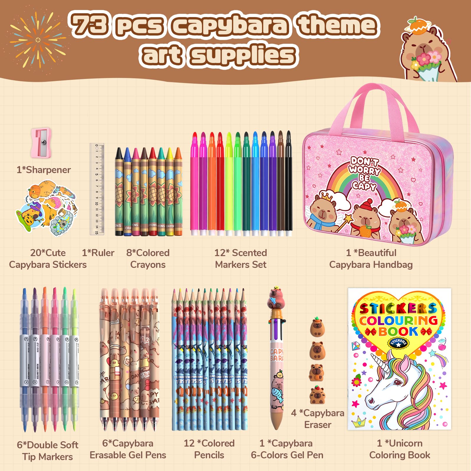 73PCS Unicorn Washable Markers Set with Glitter Pencil Case, Art Supplies and Craft for Girls Ages 4-6-8,Kids Coloring Drawing Kit with Marker,Colored Pencil,Crayon,Gel Pen,Birthday Gift Toys for Girl