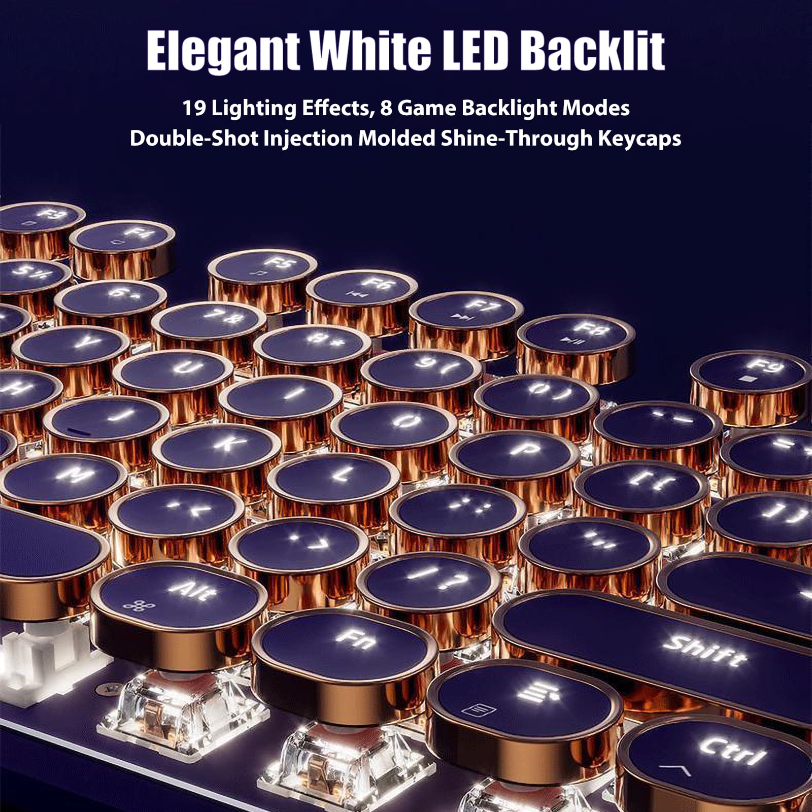 Typewriter Style Mechanical Gaming Keyboard White LED Backlit 104-Key NKRO Pink Switches Retro Round Keycaps Golden Ring Volume Knob Metal Panel Wired USB-C Detachable Cable, Rose Gold